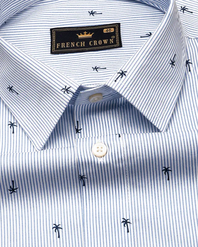 Pastel Blue with White Striped and Printed Premium Cotton Shirt sold by French Crown