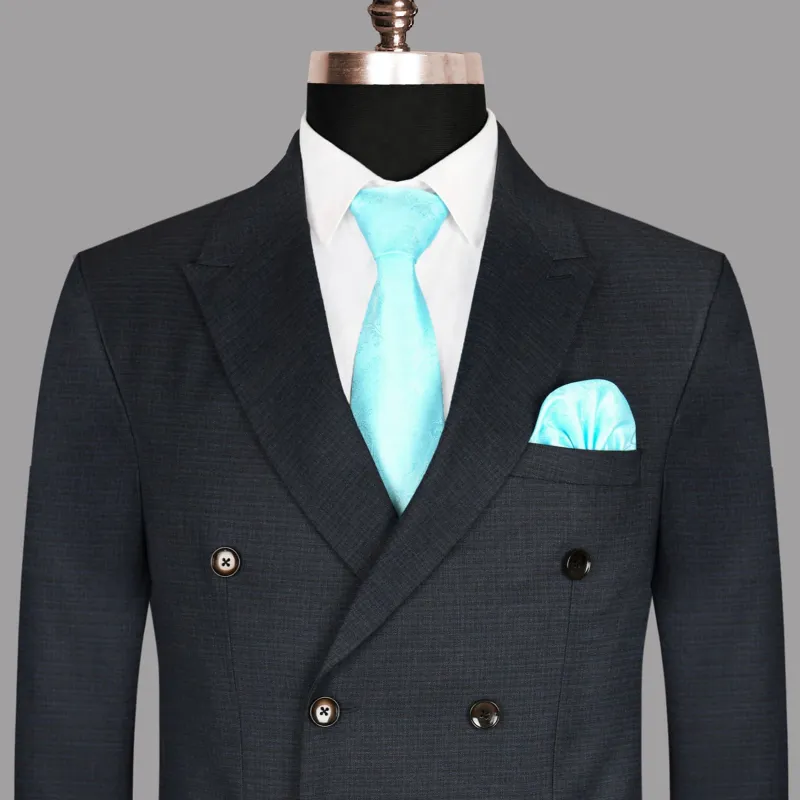 Blue Micro Checked Wool Rich Double Breasted Blazer sold by French Crown