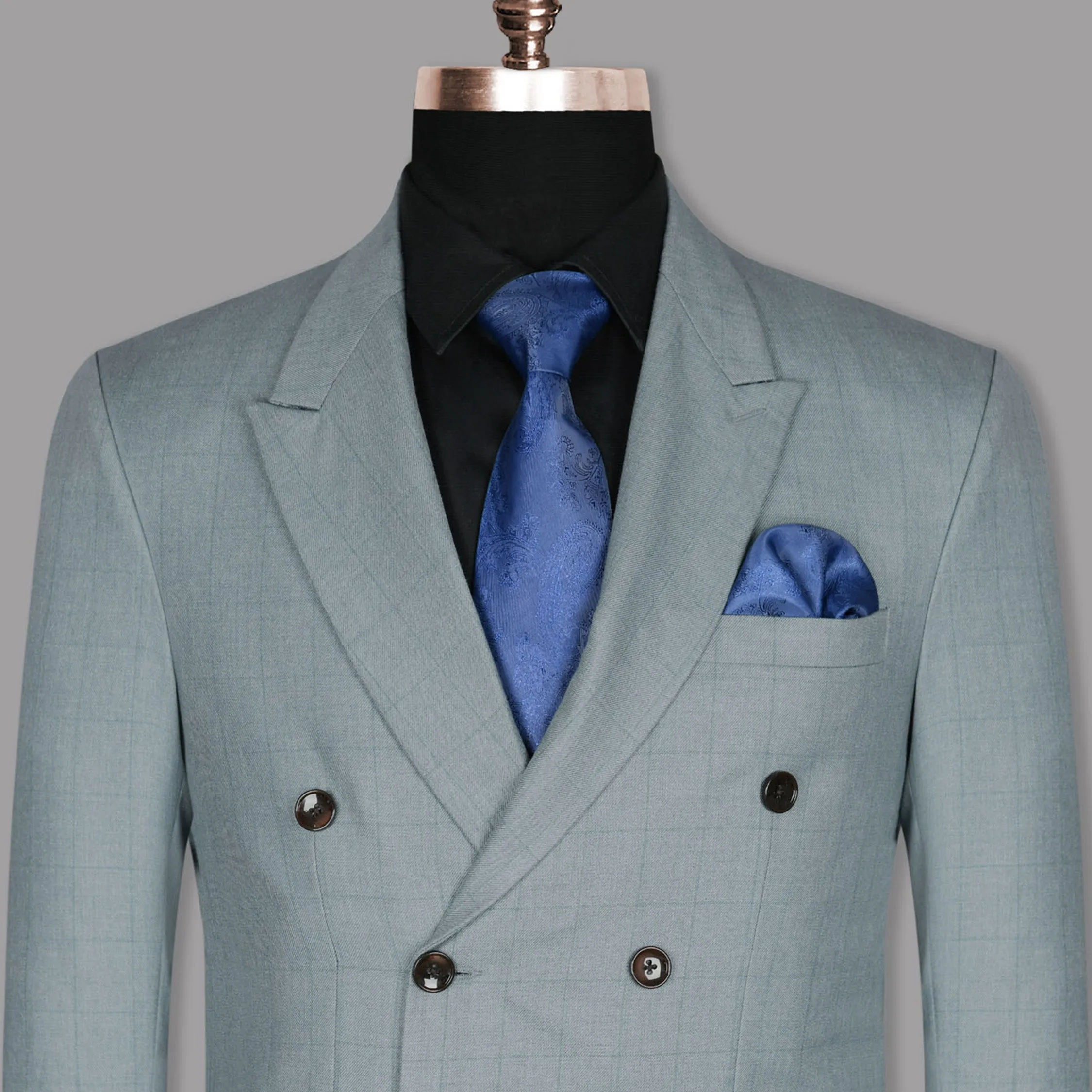 Light Grey Subtle Windowpane Wool Rich Double Breasted Blazer sold by French Crown