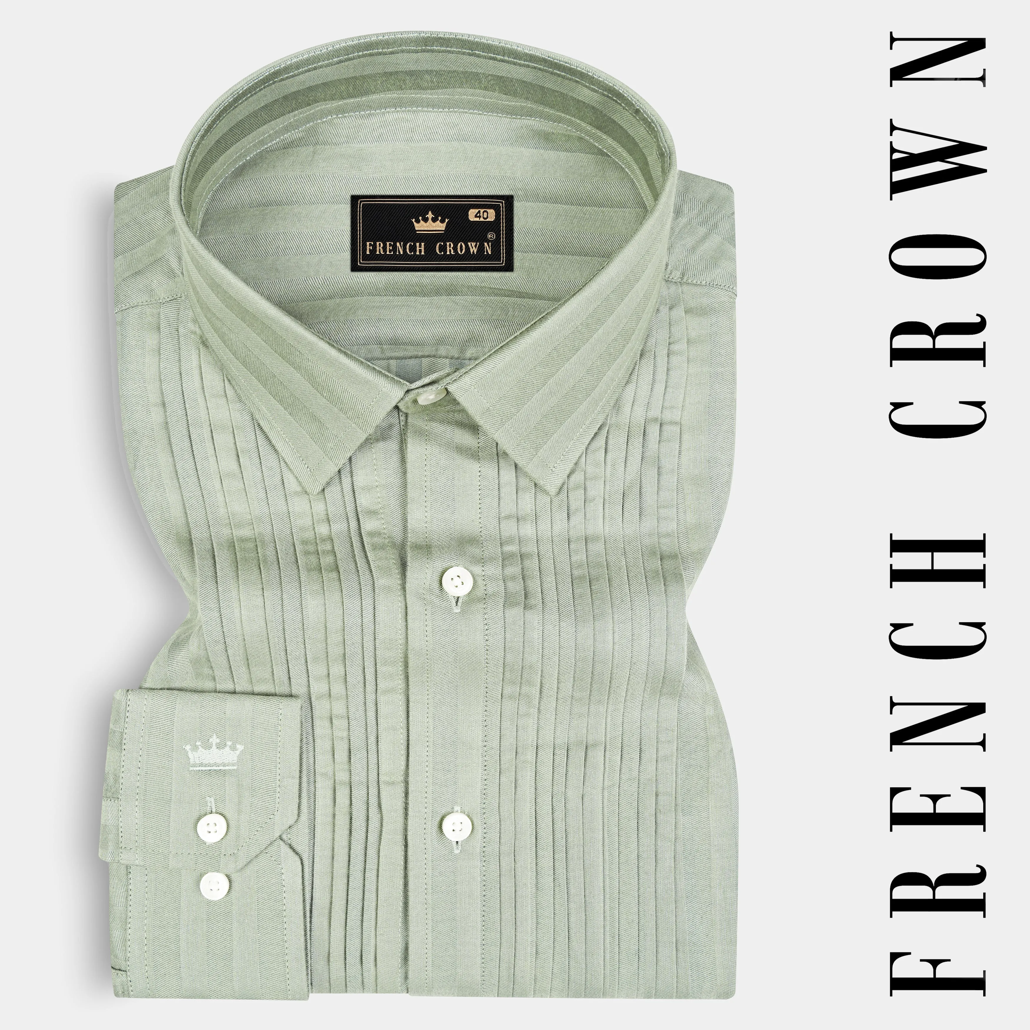 Flax Smoke Snake Pleated Striped Dobby Textured Premium Giza Cotton Tuxedo Shirt sold by French Crown