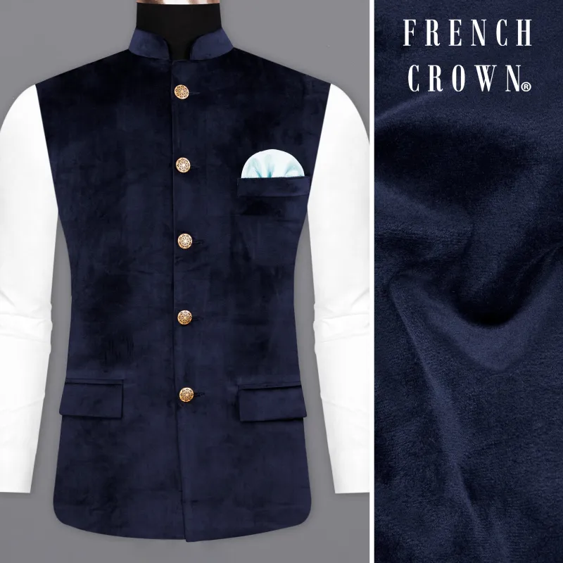 Firefly Blue Velvet Designer Nehru Jacket sold by French Crown