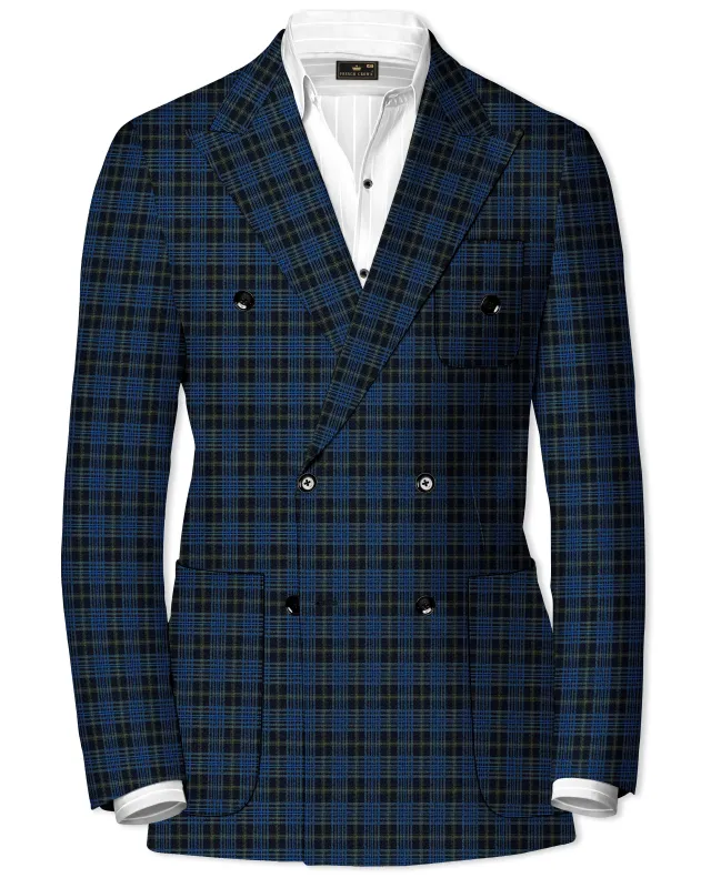 Fiord Blue with Black Russian Plaid Double Breasted Sports Blazer sold by French Crown