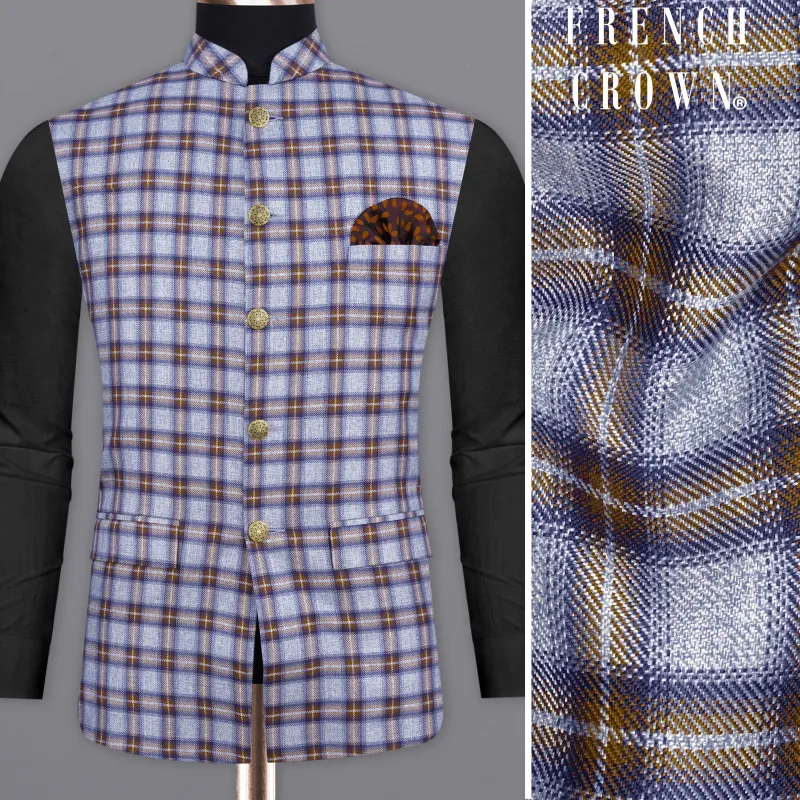 Chateau Blue with Cocoa Brown Plaid Bandhgala Nehru Jacket sold by French Crown
