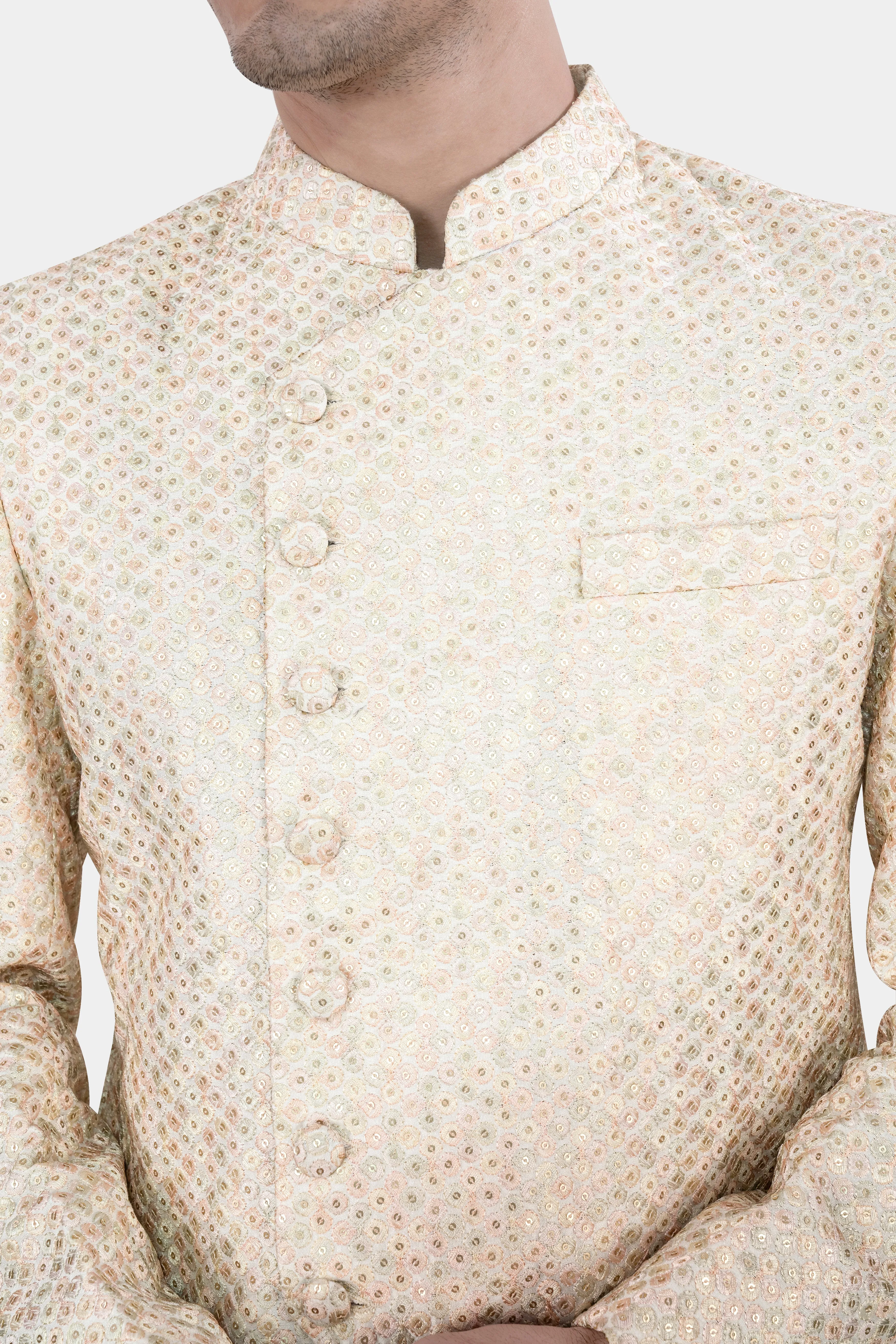 Bone Cream Embroidered with Sequins Work Sherwani with Kurta and Pajama Set sold by French Crown product image thumbnail 3
