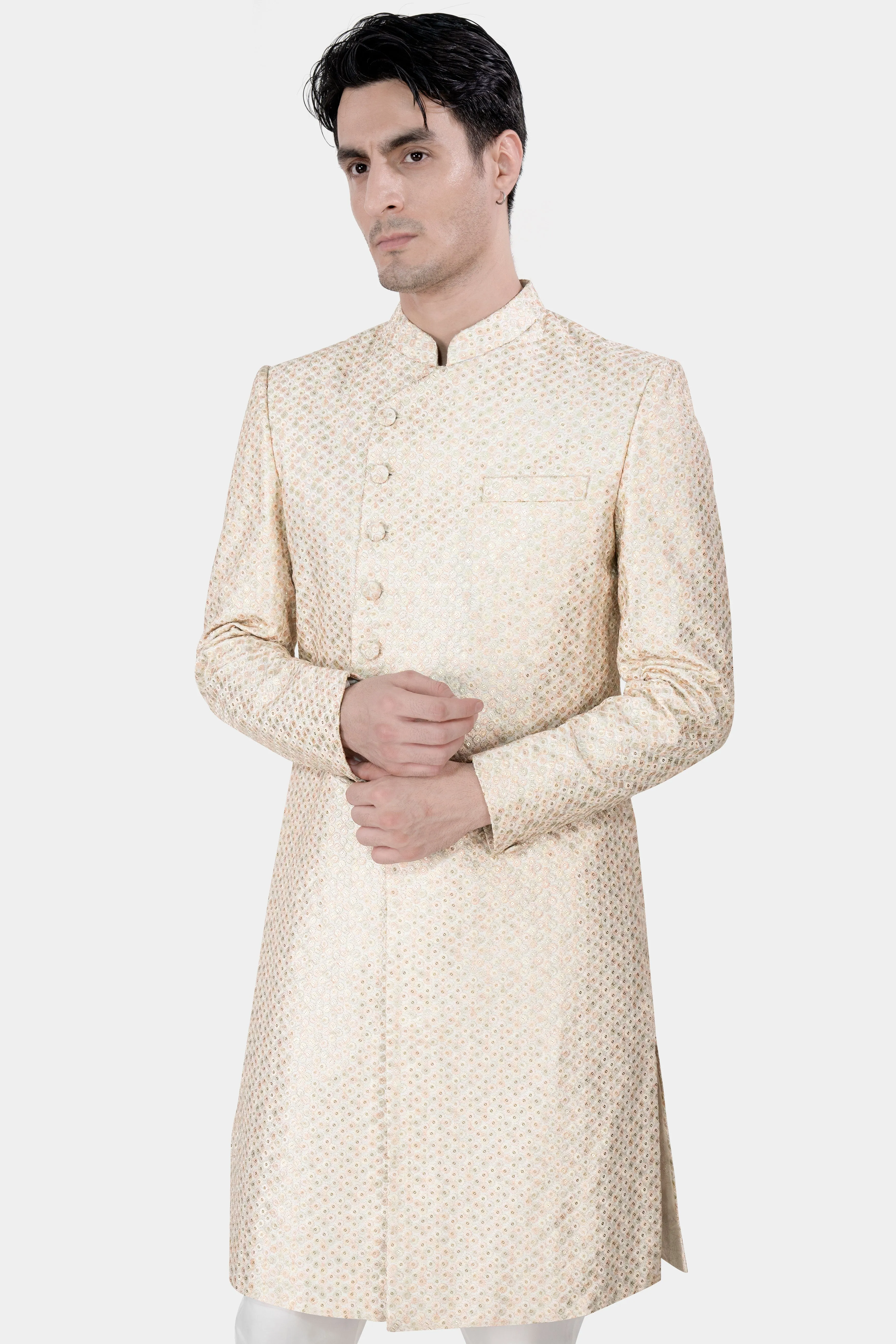 Bone Cream Embroidered with Sequins Work Sherwani with Kurta and Pajama Set sold by French Crown product image thumbnail 4