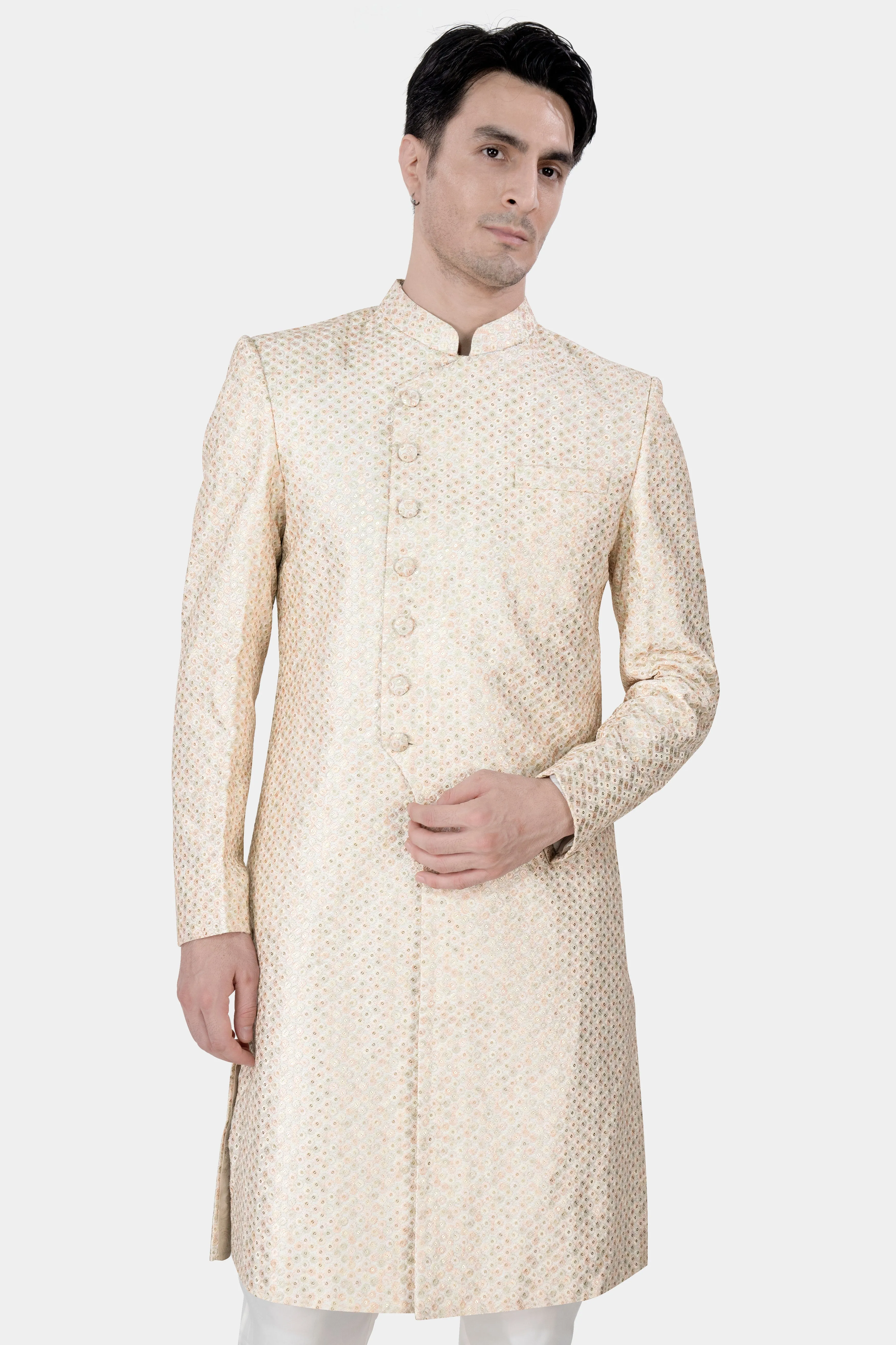Bone Cream Embroidered with Sequins Work Sherwani with Kurta and Pajama Set sold by French Crown product image thumbnail 5