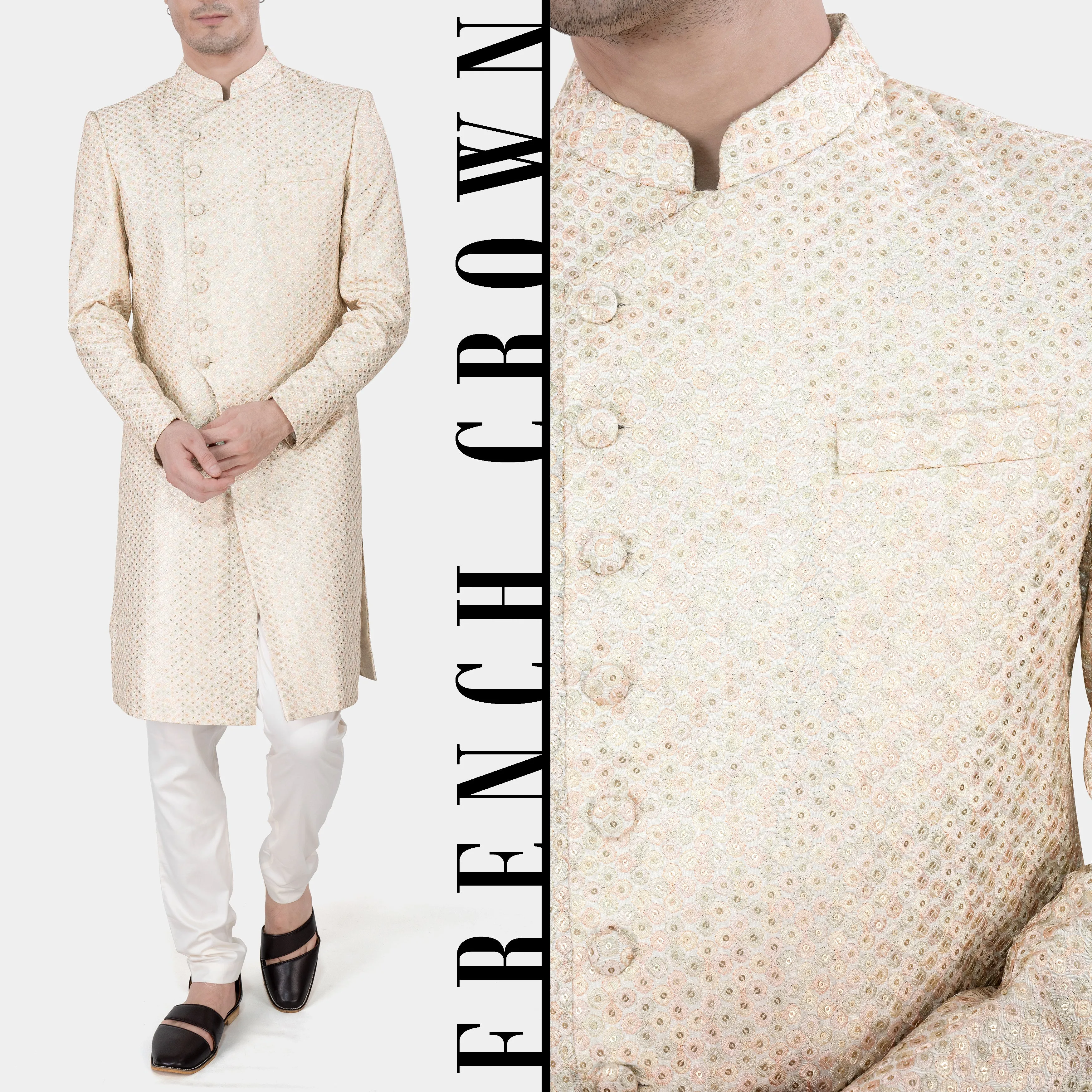 Bone Cream Embroidered with Sequins Work Sherwani with Kurta and Pajama Set sold by French Crown