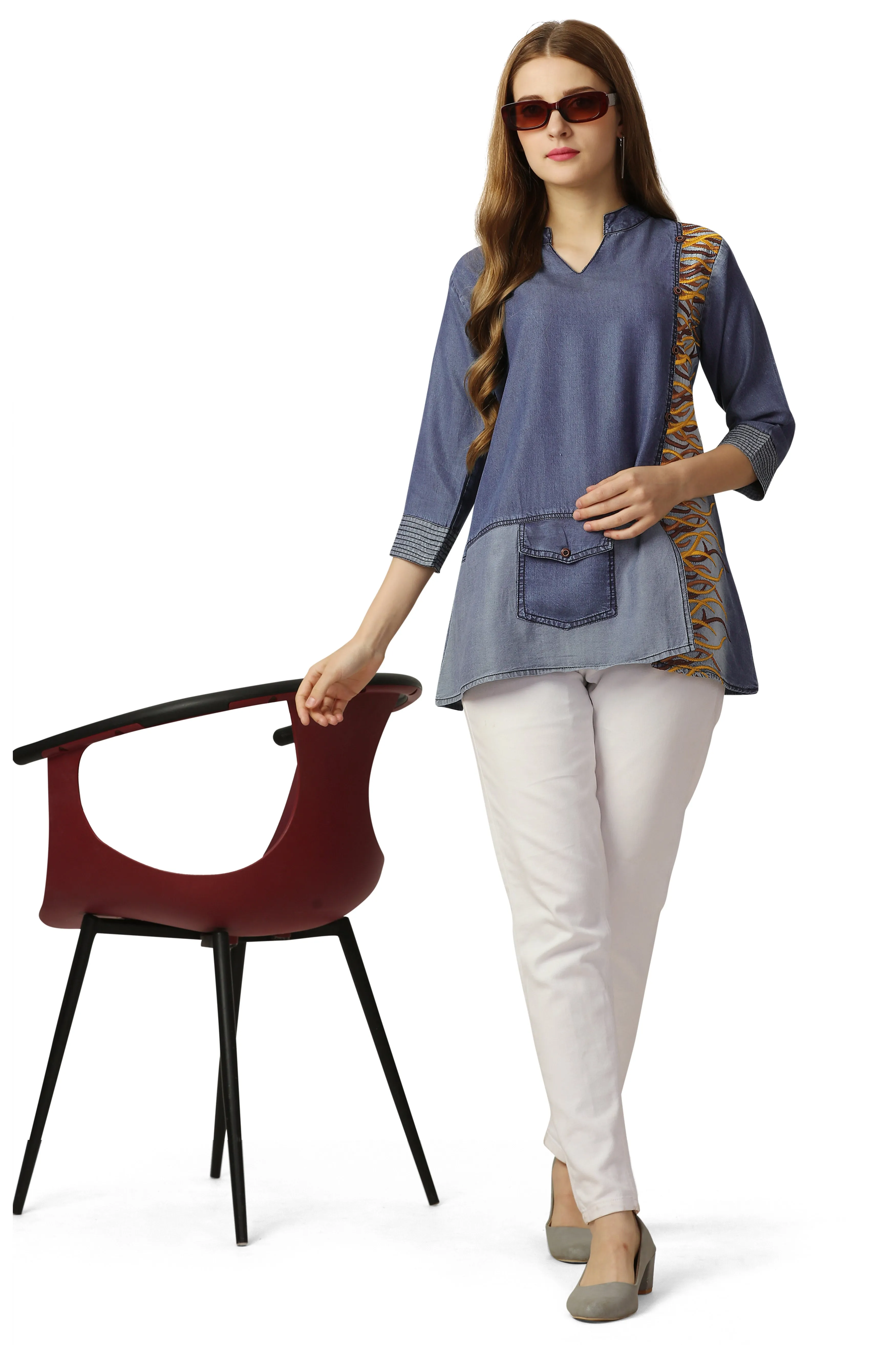 Waikawa Blue Multicolour Embroidered Denim Top sold by French Crown product image thumbnail 4