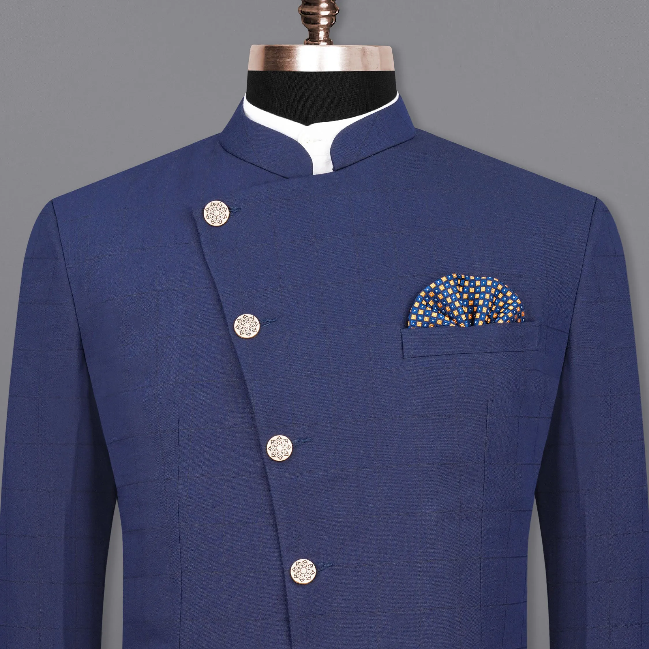 Rhino Blue Cross Placket Bandhgala Blazer sold by French Crown