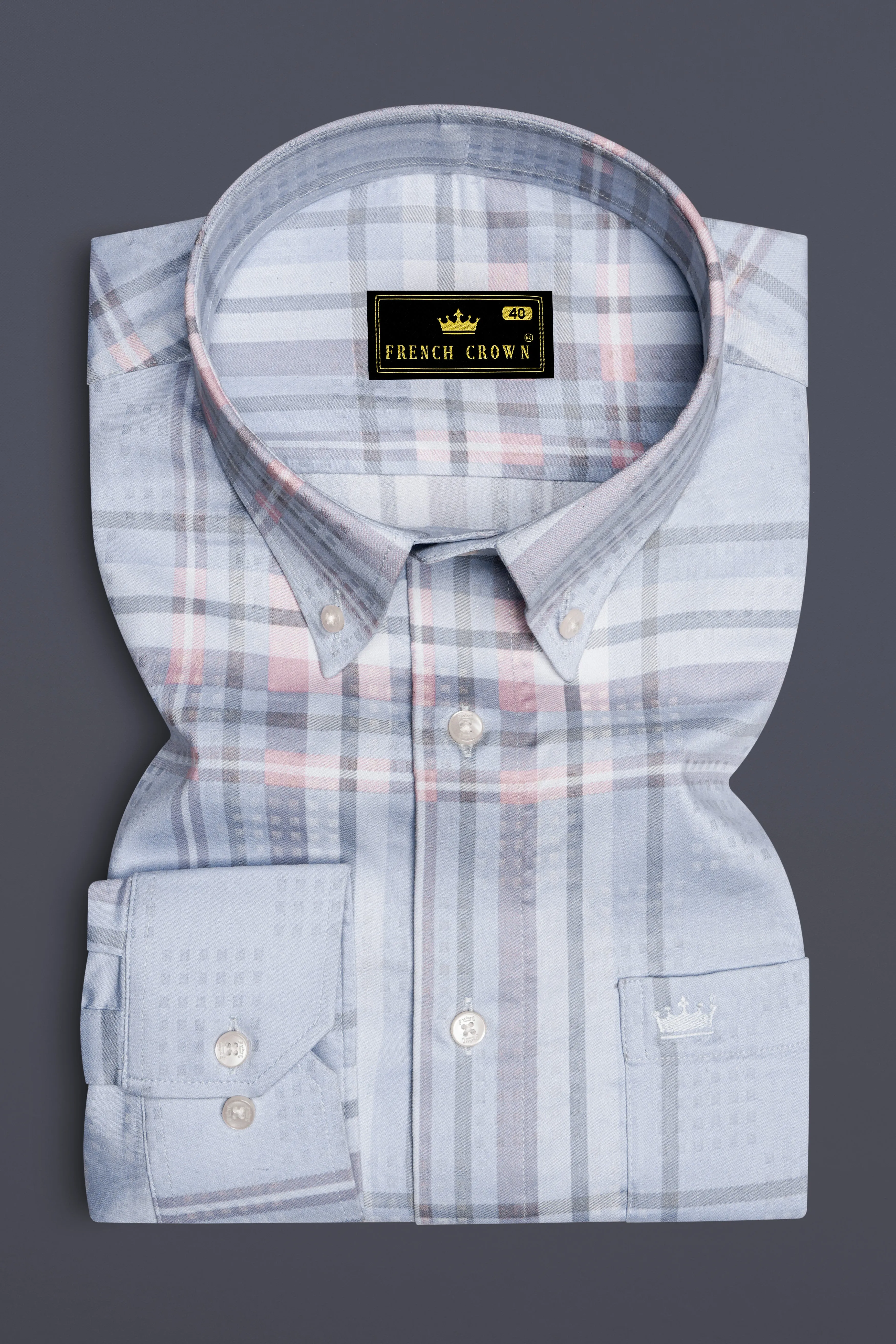 Geyser Gray Plaid Dobby Textured Premium Giza Cotton Shirt sold by French Crown product image thumbnail 4