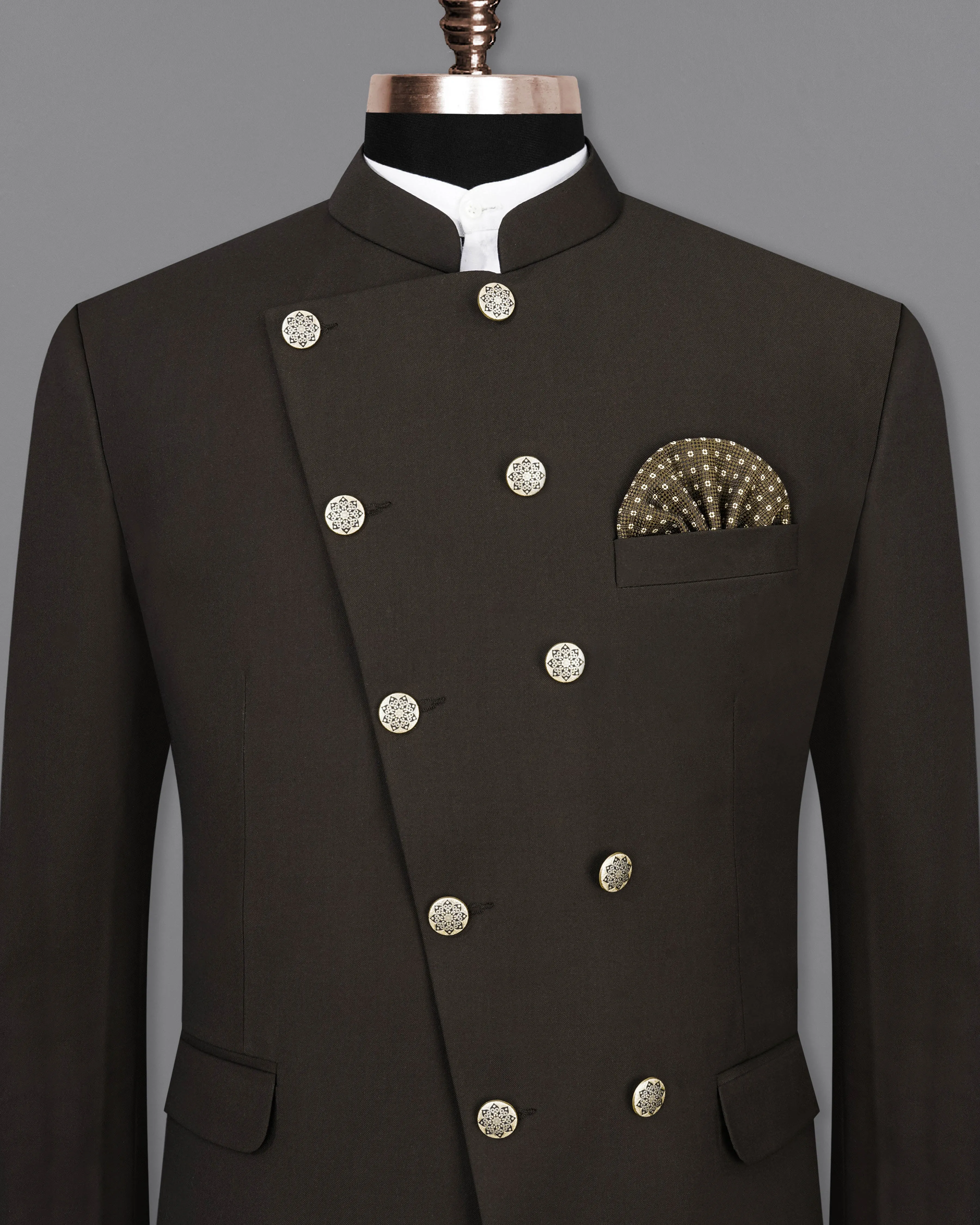 Coffee Bean Brown Pure Wool Cross Placket Bandhgala Designer Blazer sold by French Crown product image thumbnail 2