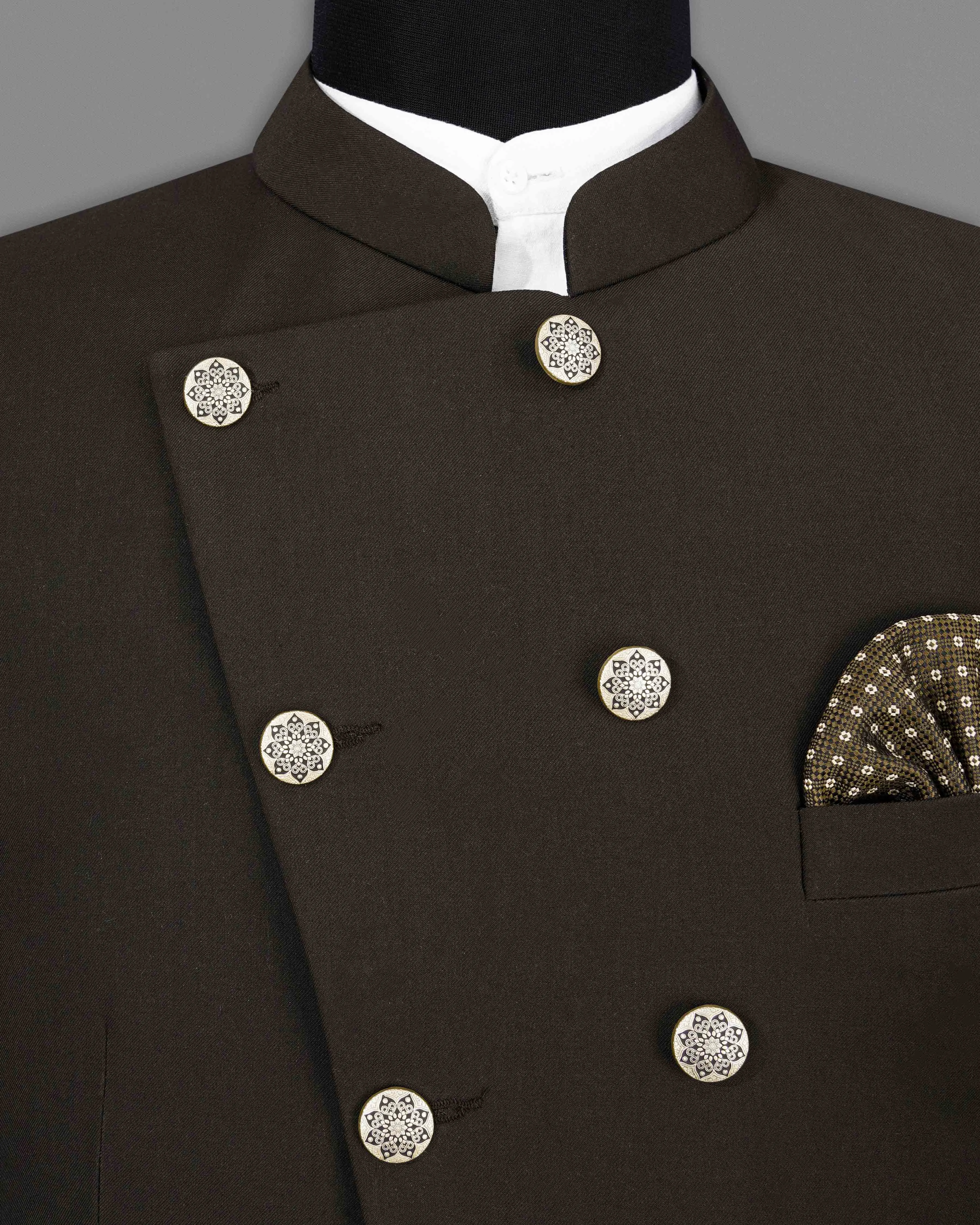 Coffee Bean Brown Pure Wool Cross Placket Bandhgala Designer Blazer sold by French Crown product image thumbnail 4