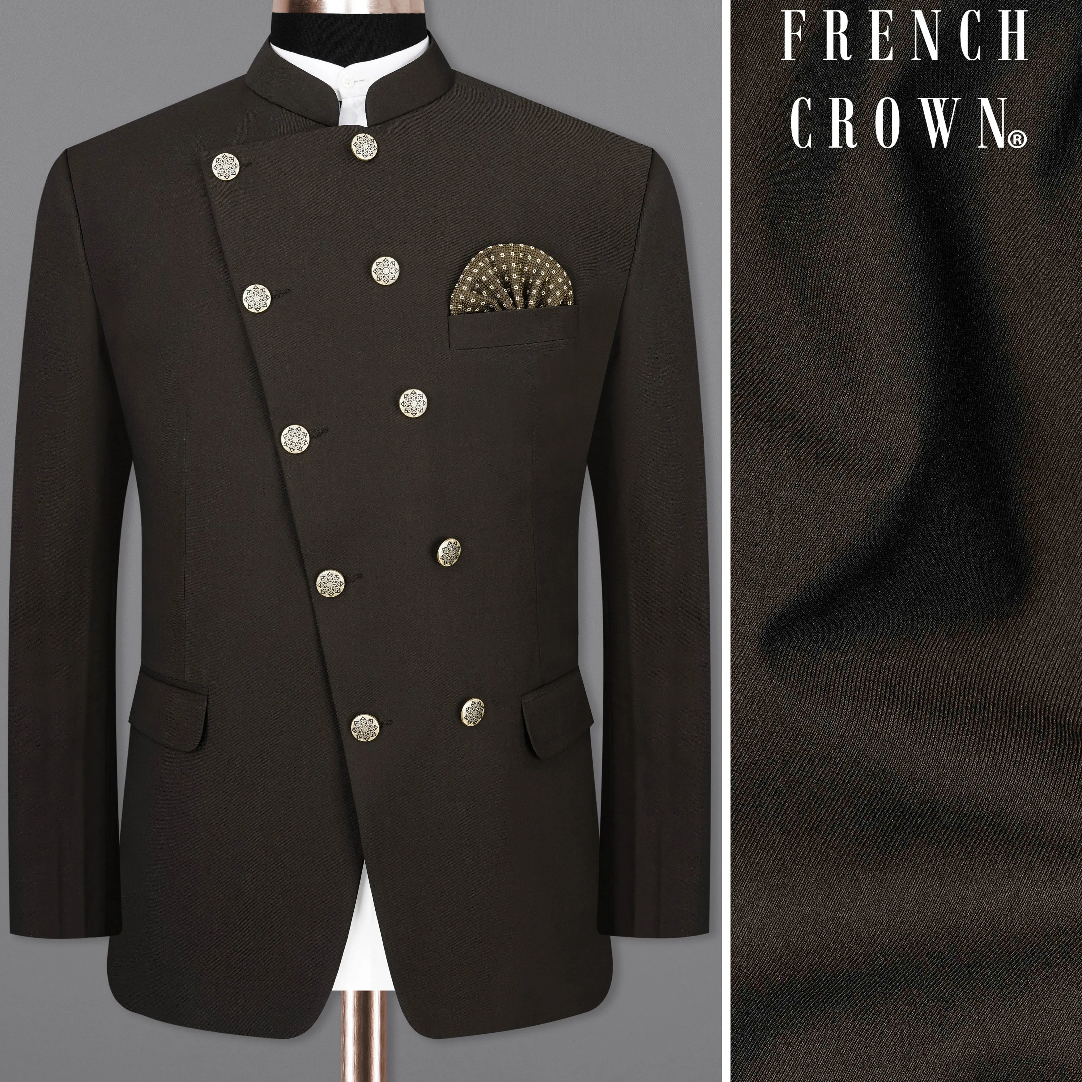 Coffee Bean Brown Pure Wool Cross Placket Bandhgala Designer Blazer sold by French Crown