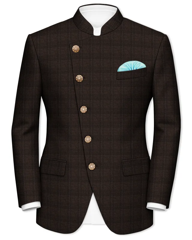 Birch Brown Plaid Cross Placket Bandhgala Blazer sold by French Crown