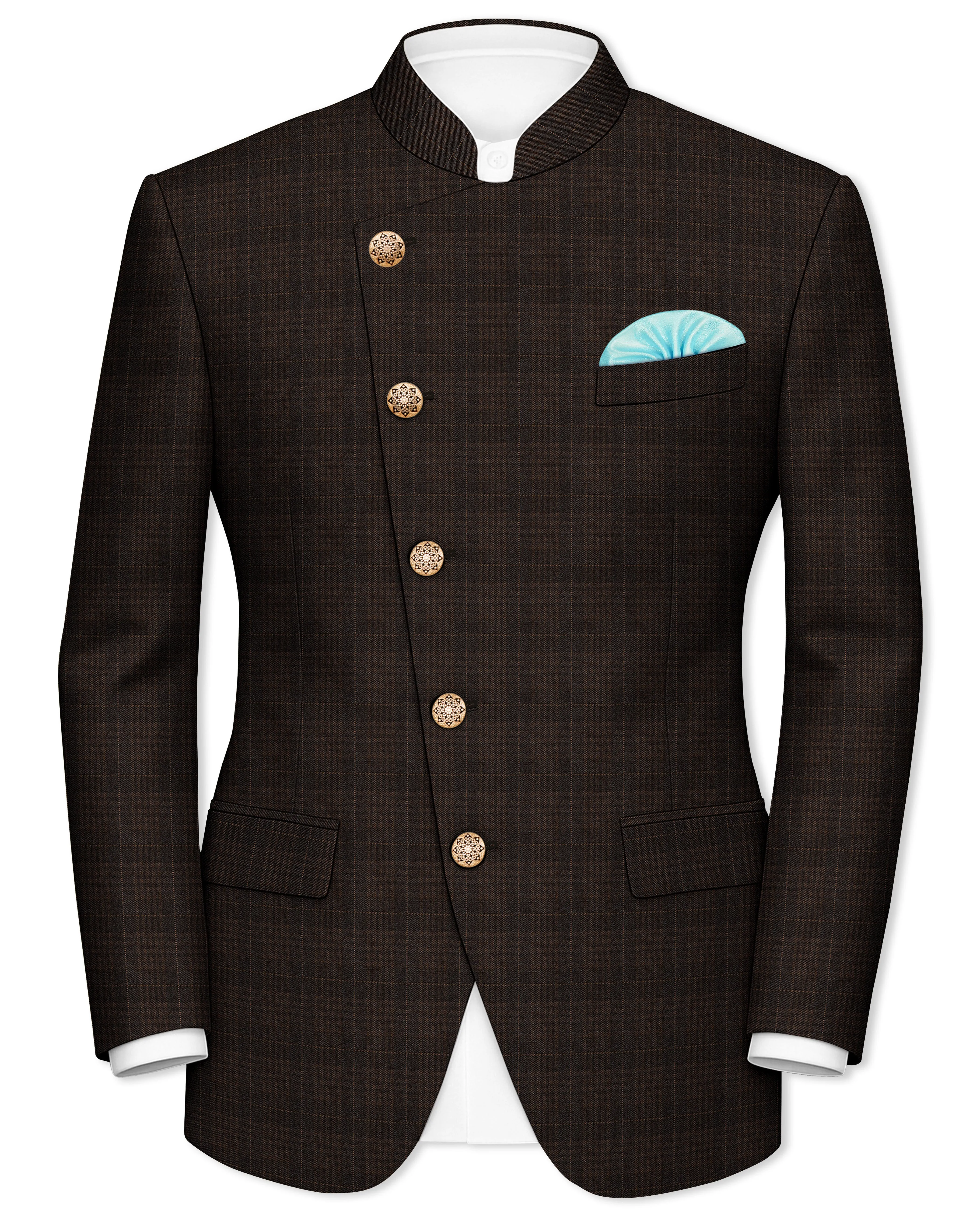 Birch Brown Plaid Cross Placket Bandhgala Blazer sold by French Crown