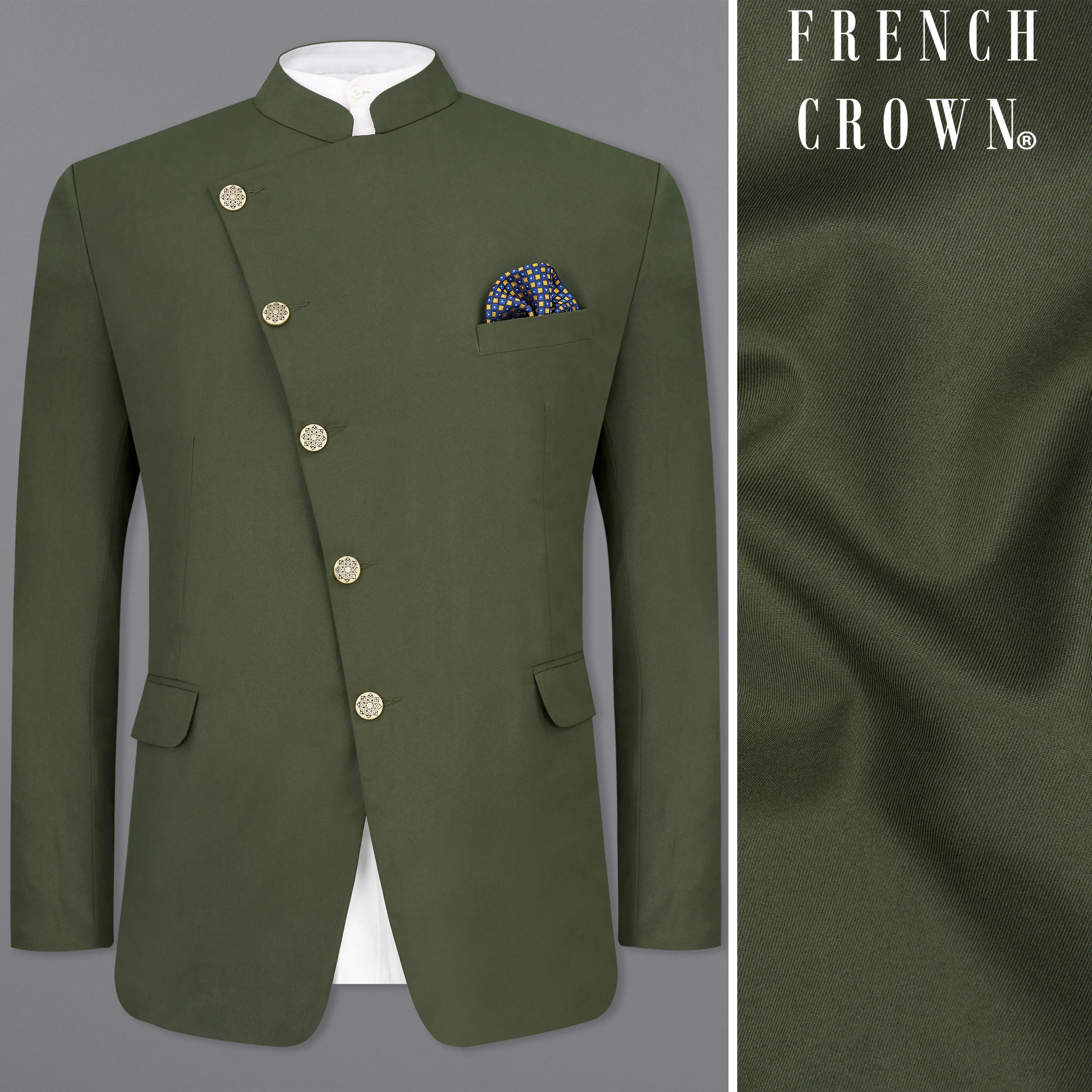 Twill Green Cross Placket Bandhgala Blazer sold by French Crown