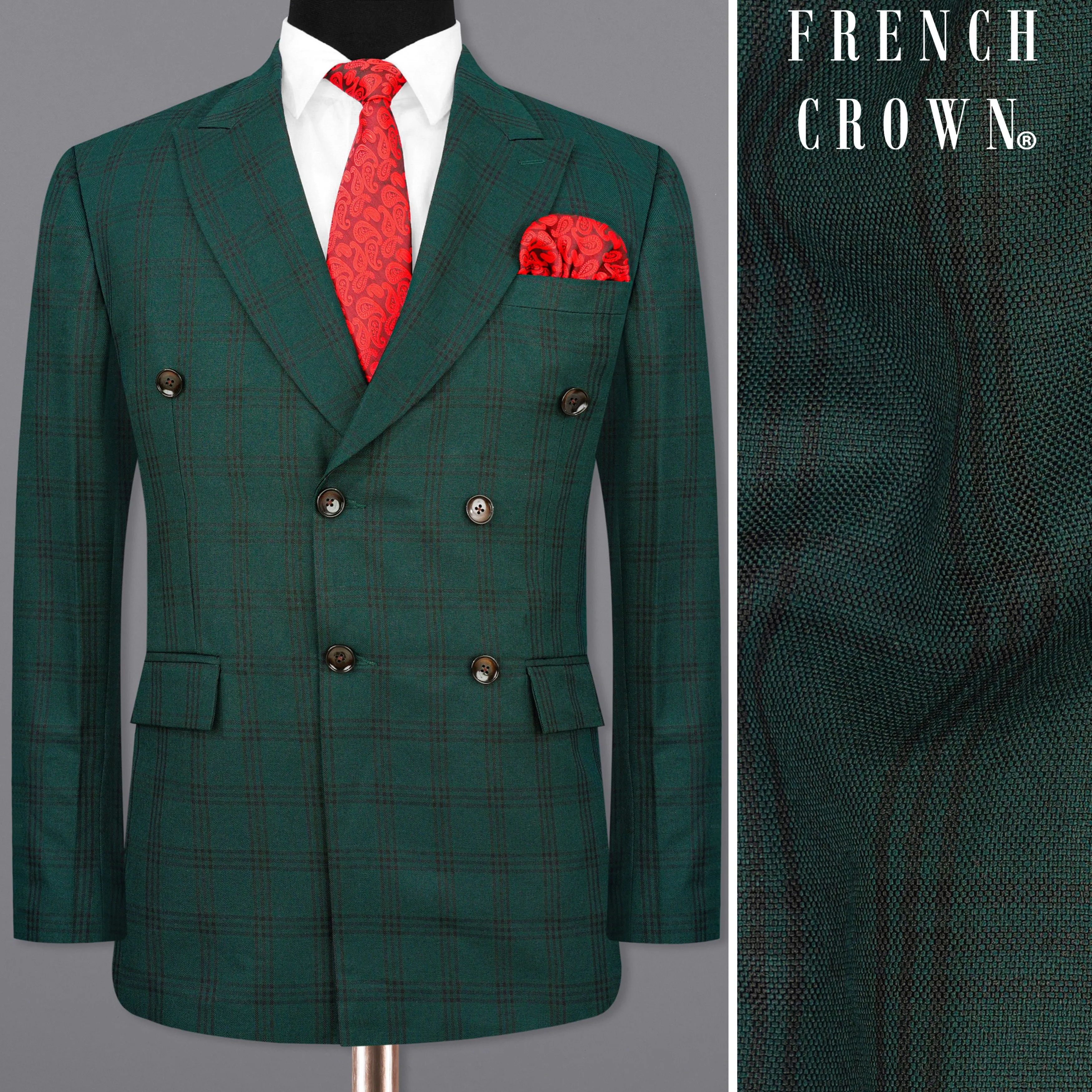 Timber Dark Green With Black Plaid Double Breasted Blazer sold by French Crown