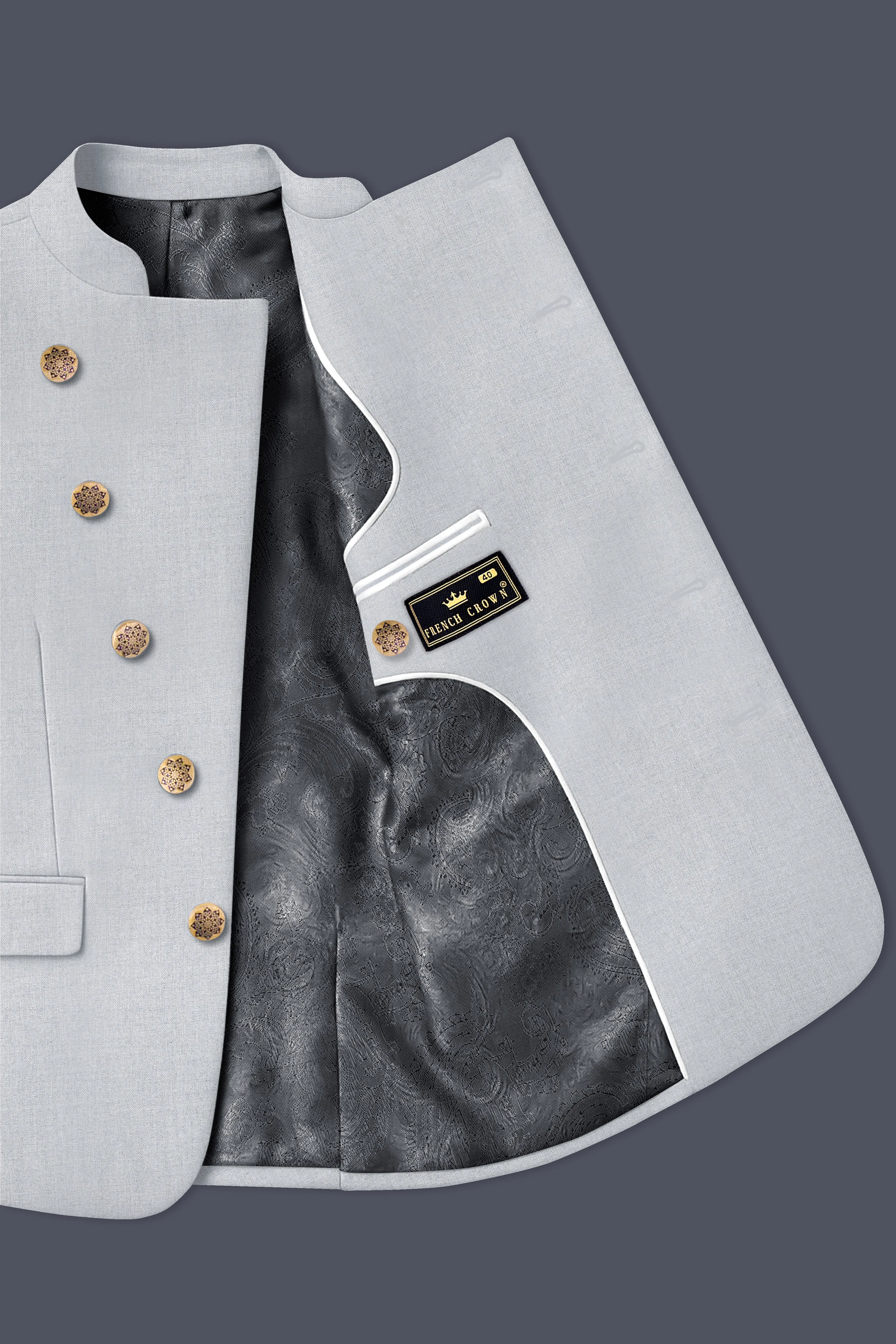 Spun Pearl Gray Cross Placket Bandhgala Blazer sold by French Crown product image thumbnail 4