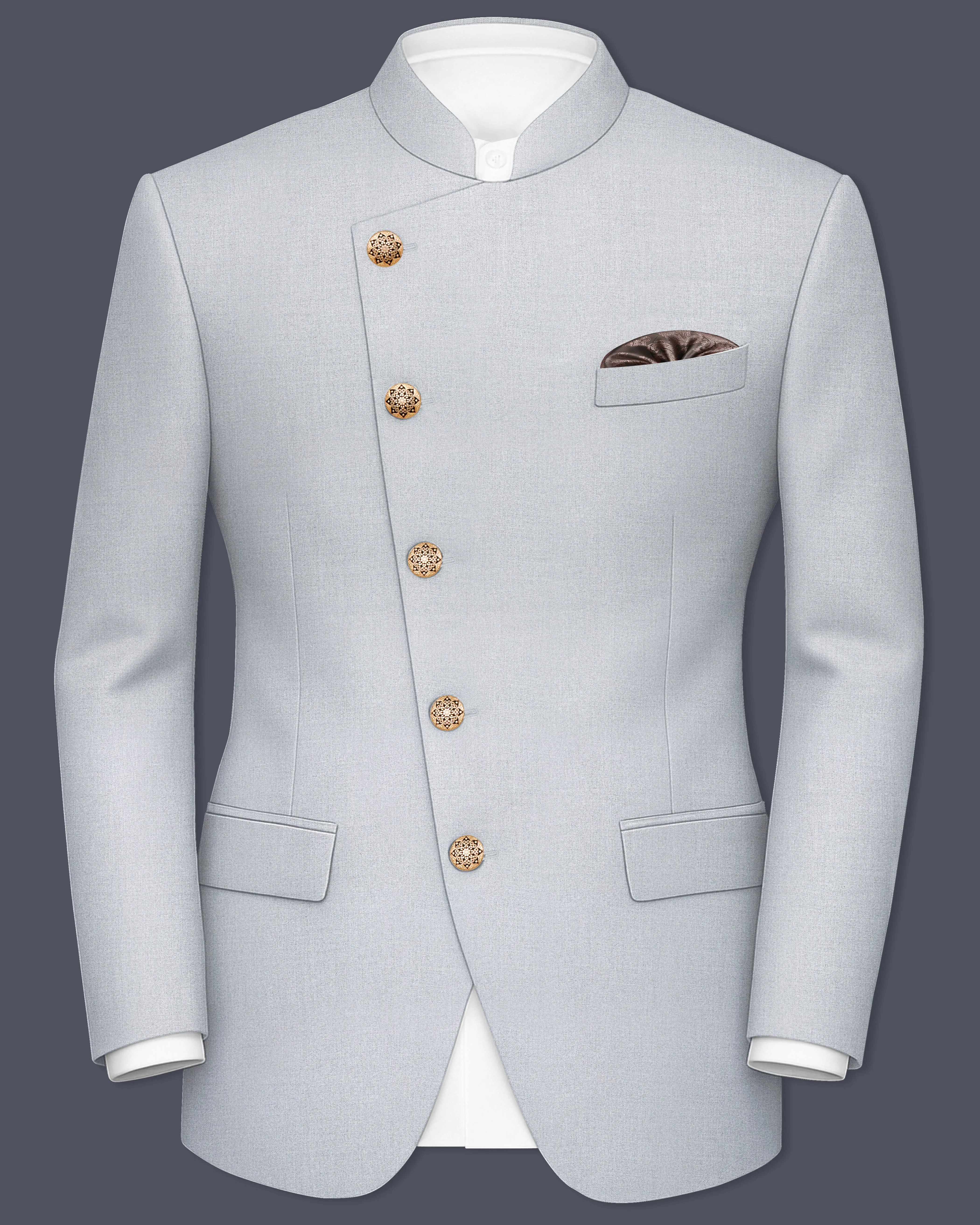 Spun Pearl Gray Cross Placket Bandhgala Blazer sold by French Crown