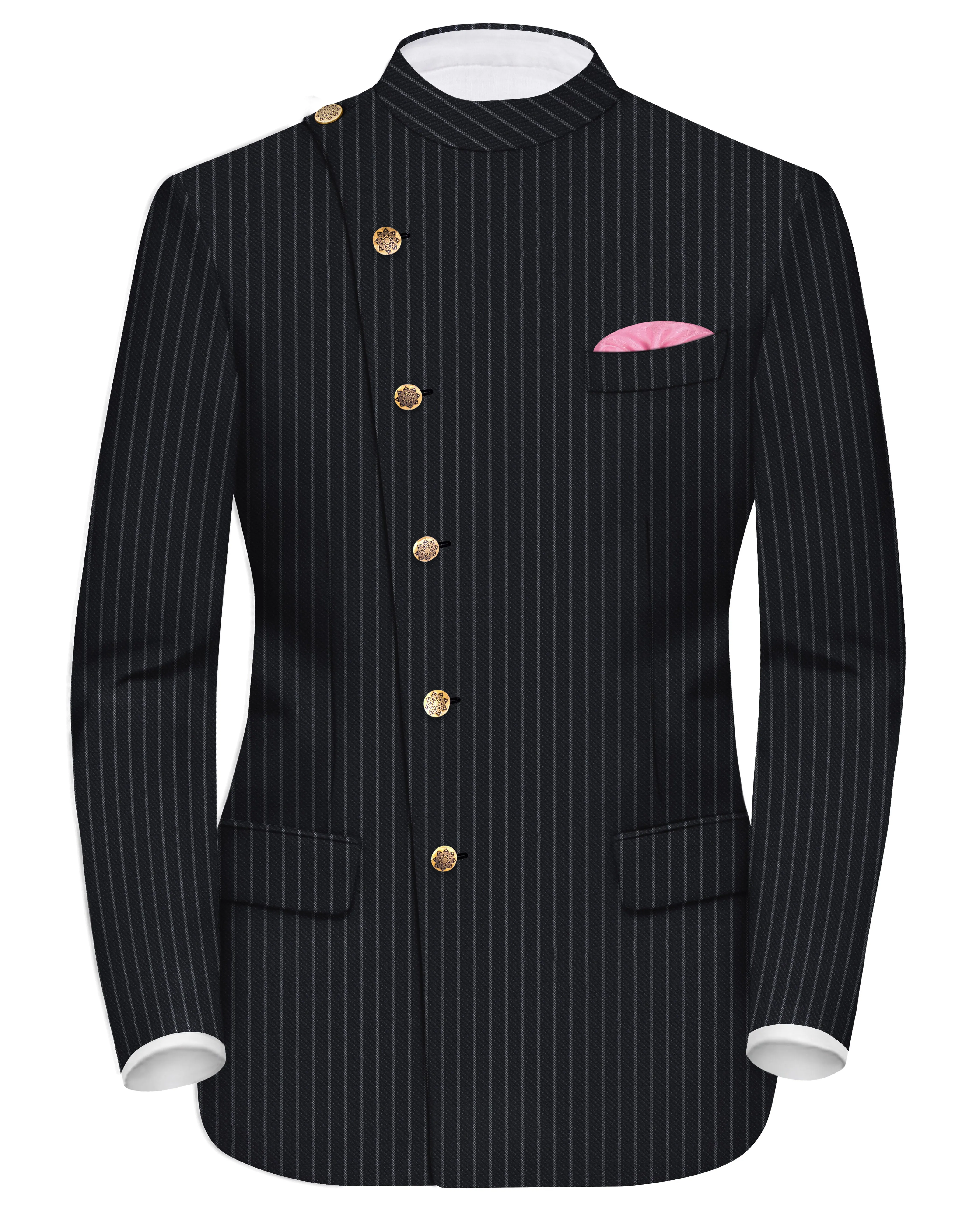 Piano Black Striped Cross Placket Woolrich Bandhgala Blazer sold by French Crown