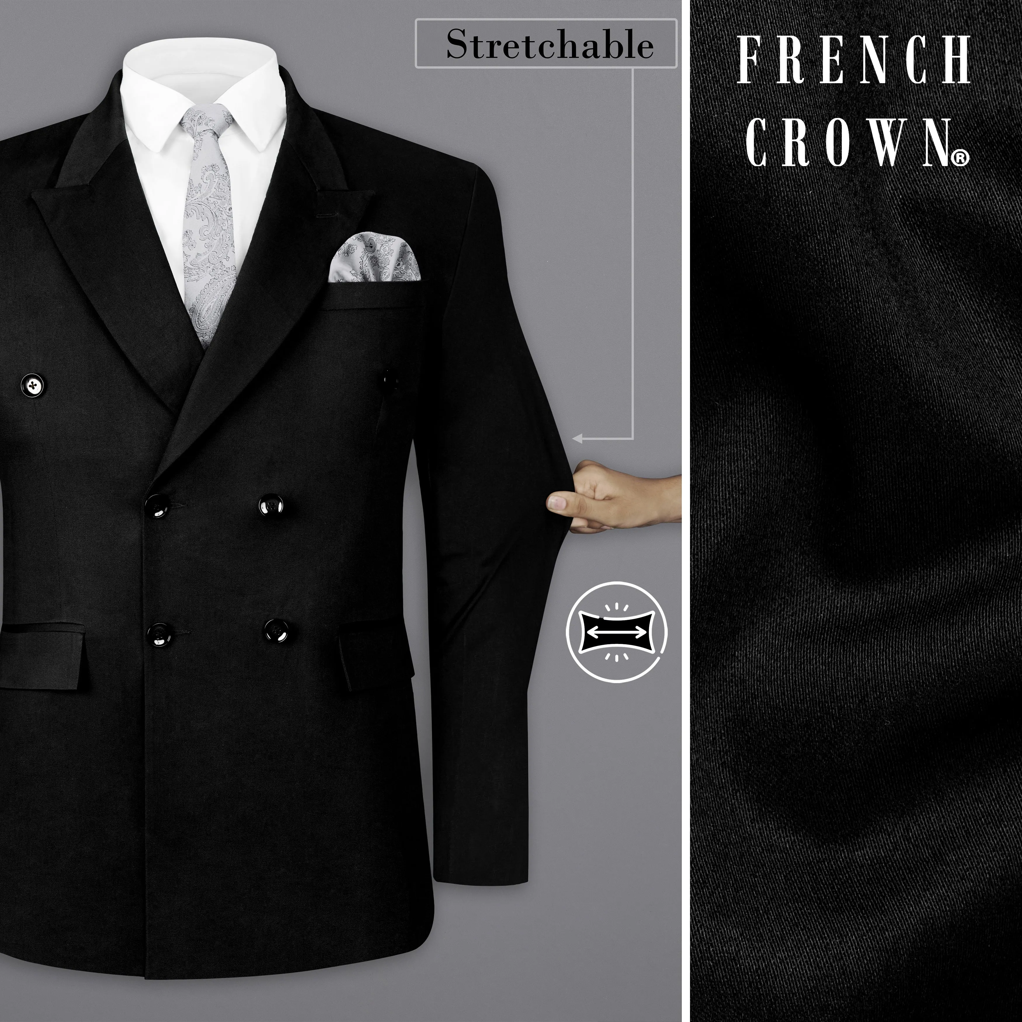 Jade Black Solid Stretchable Premium Cotton Double Breasted traveler Blazer sold by French Crown