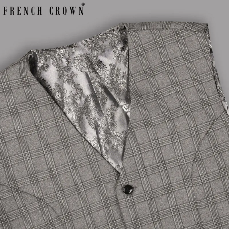 Cloudy Grey Tonal Checked Wool Blend Waistcoat sold by French Crown