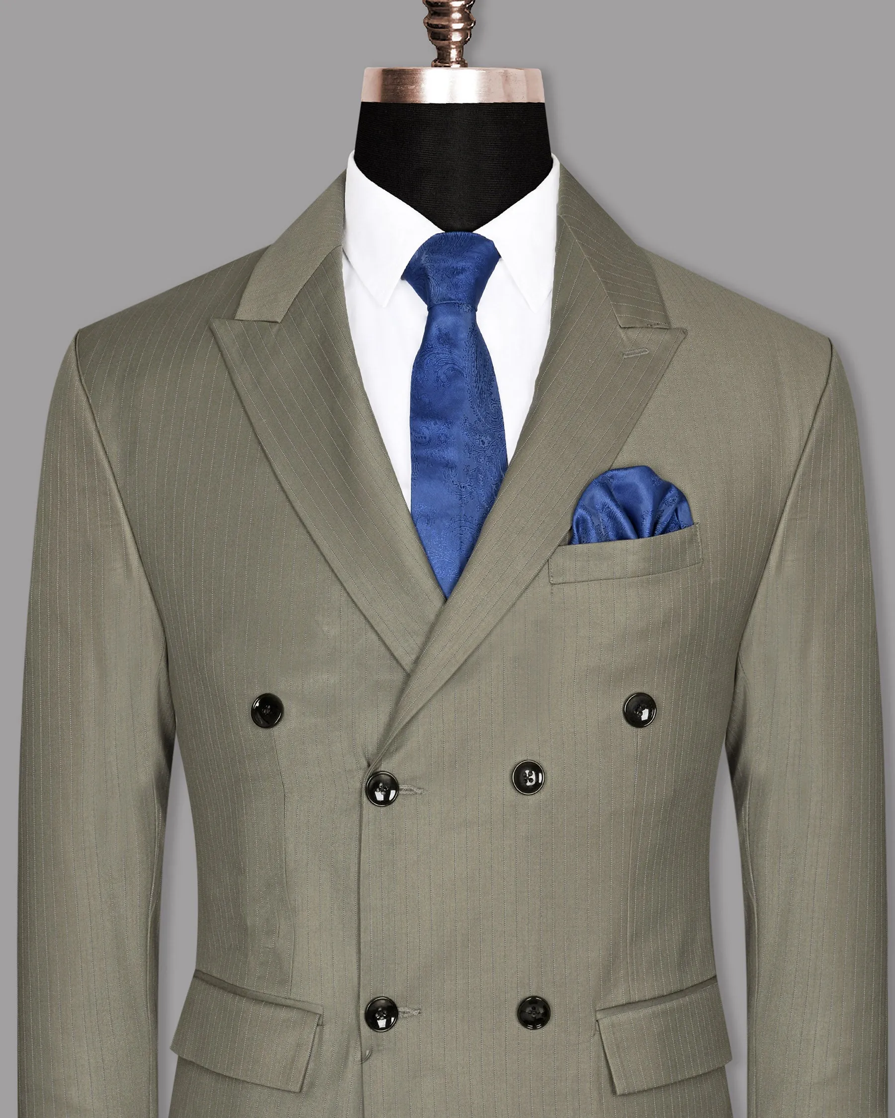 Silver Pinstriped Wool Blend Double Breasted Blazer sold by French Crown product image thumbnail 2