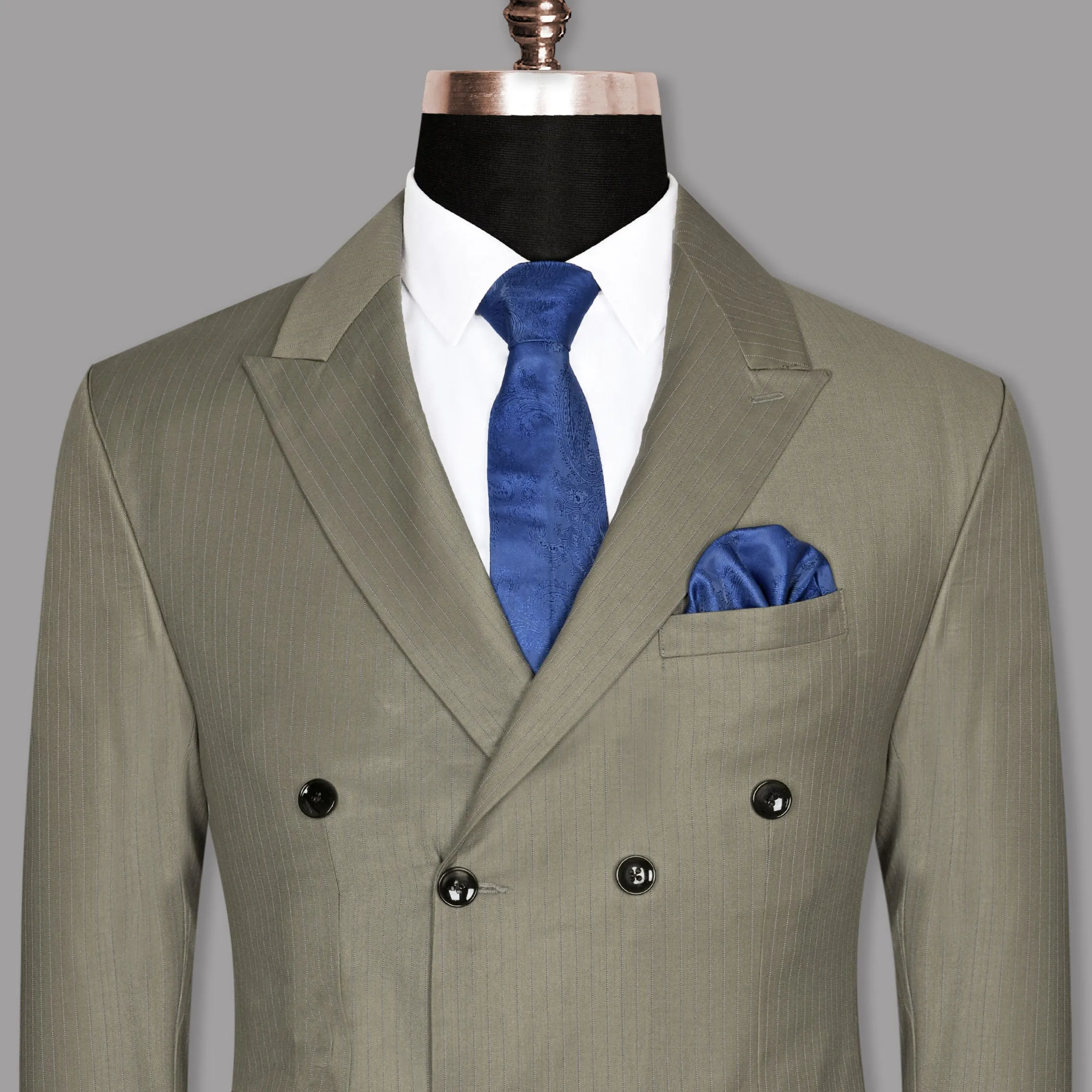 Silver Pinstriped Wool Blend Double Breasted Blazer sold by French Crown