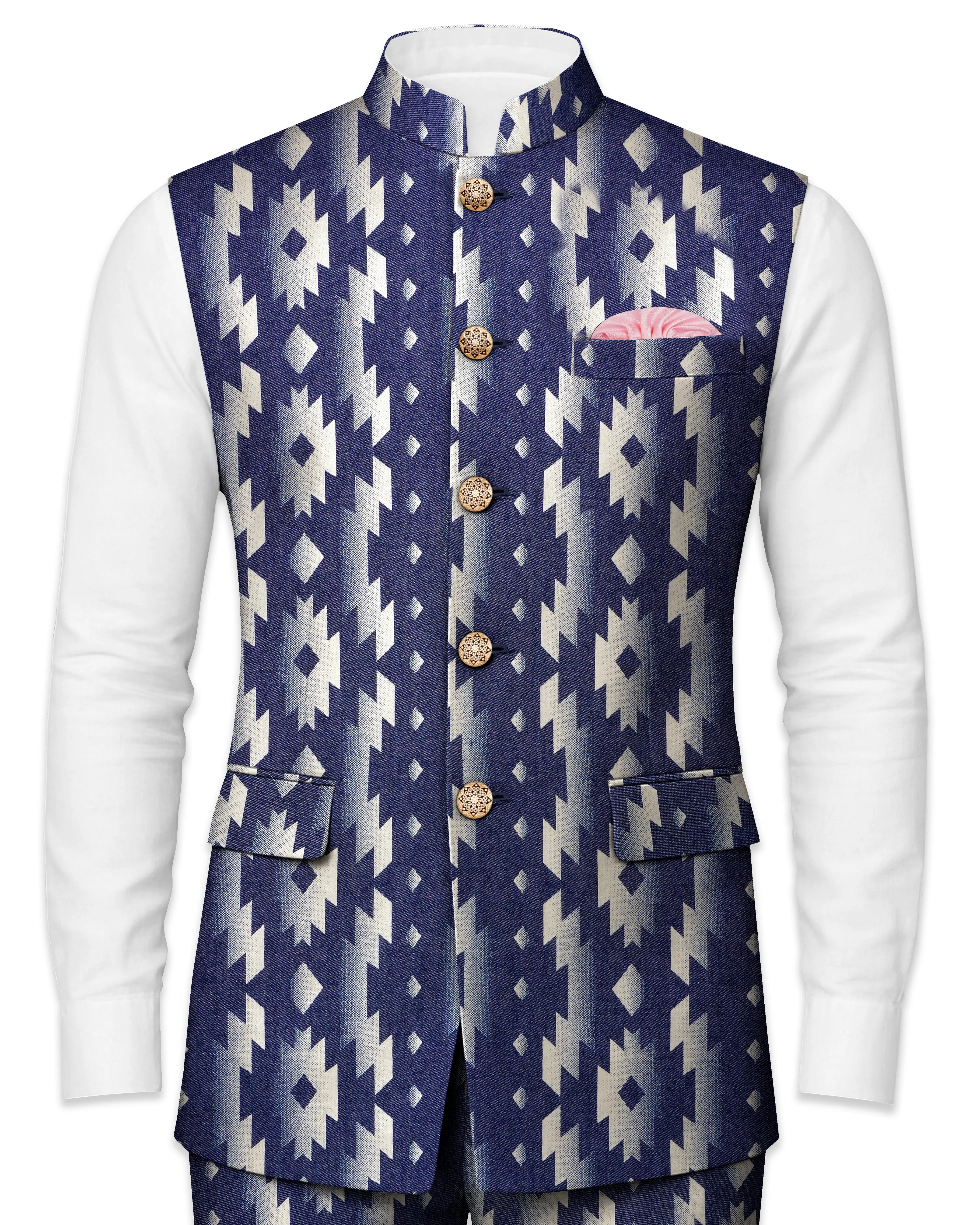 Gunmetal Blue with Nobel Cream Iktat Printed Premium Cotton Nehru Jacket sold by French Crown