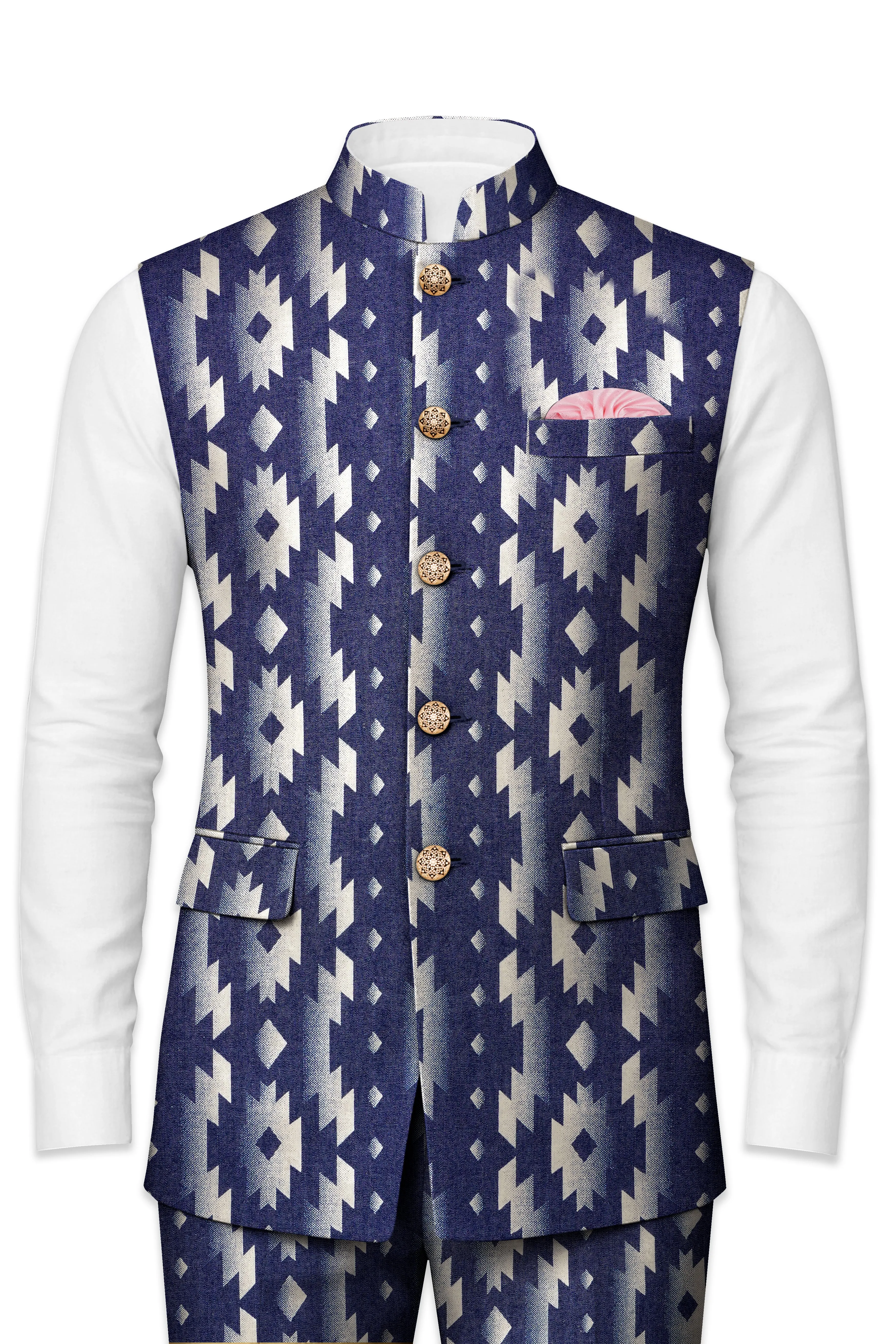 Gunmetal Blue with Nobel Cream Iktat Printed Premium Cotton Nehru Jacket sold by French Crown product image thumbnail 2
