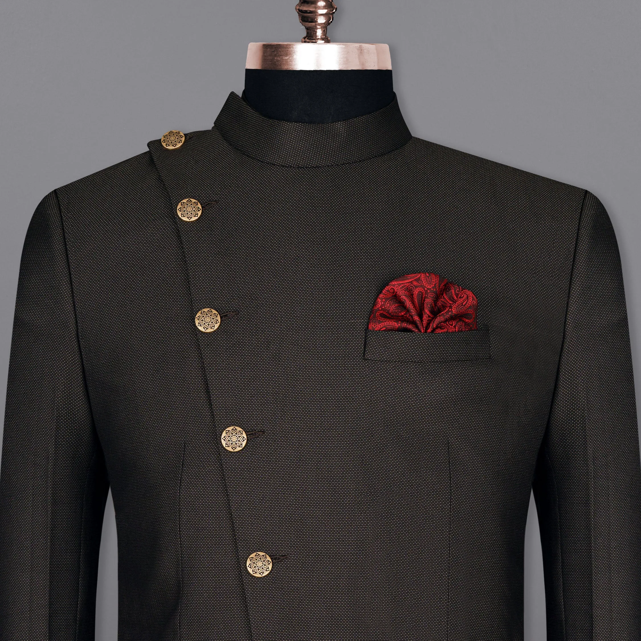 Dark Brown Cross Placket Wool Rich Bandhgala Blazer sold by French Crown