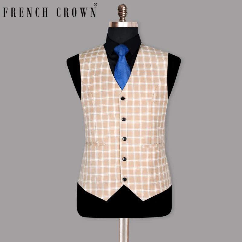 Beige Windowpane Wool Blend Waistcoat sold by French Crown