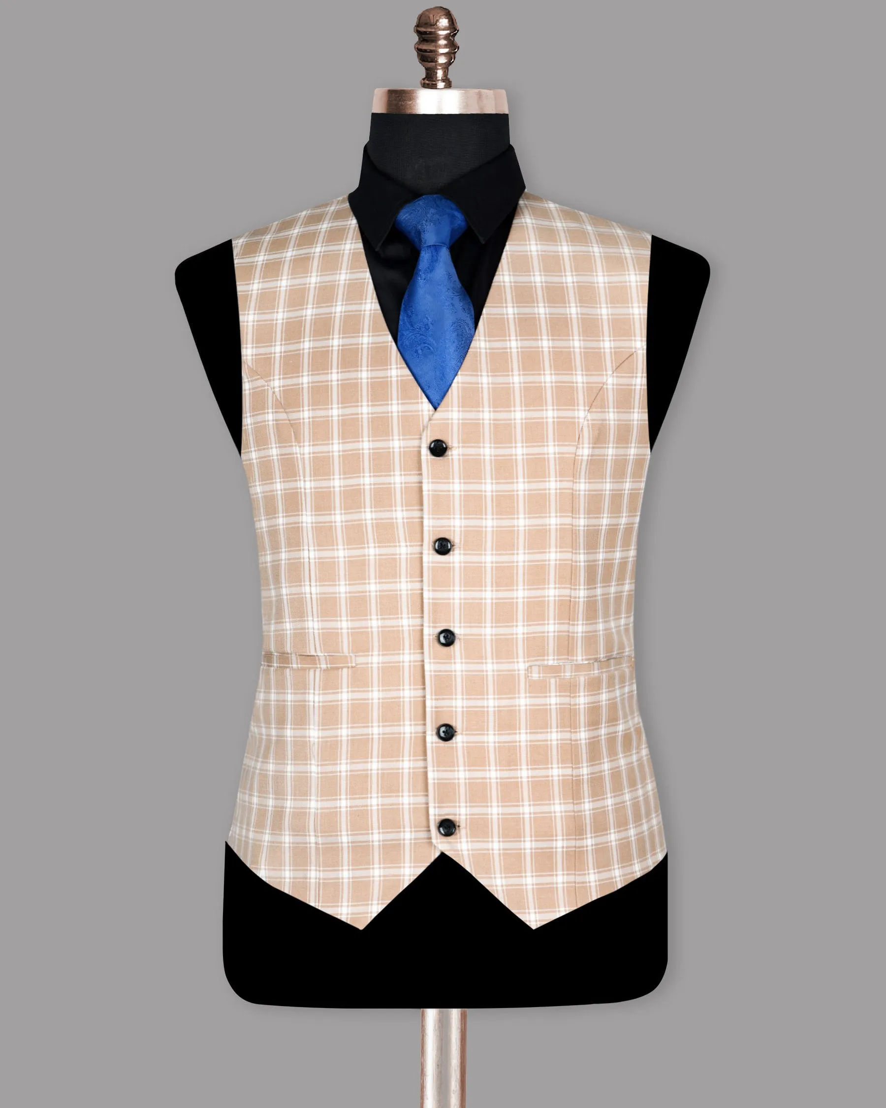 Beige Windowpane Wool Blend Waistcoat sold by French Crown product image thumbnail 2