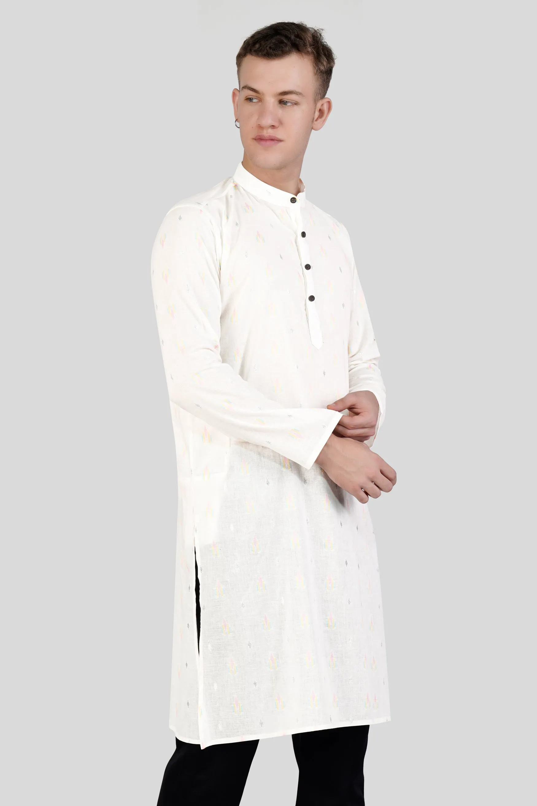 Off White colorful and silver Jacquard Textured Premium Giza Cotton Kurta sold by French Crown product image thumbnail 5