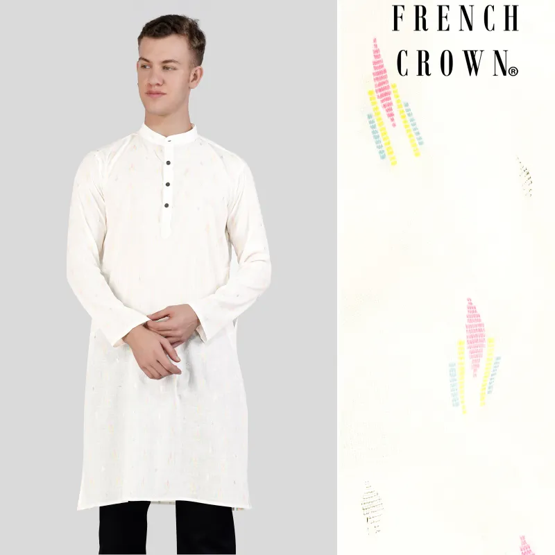 Off White colorful and silver Jacquard Textured Premium Giza Cotton Kurta sold by French Crown
