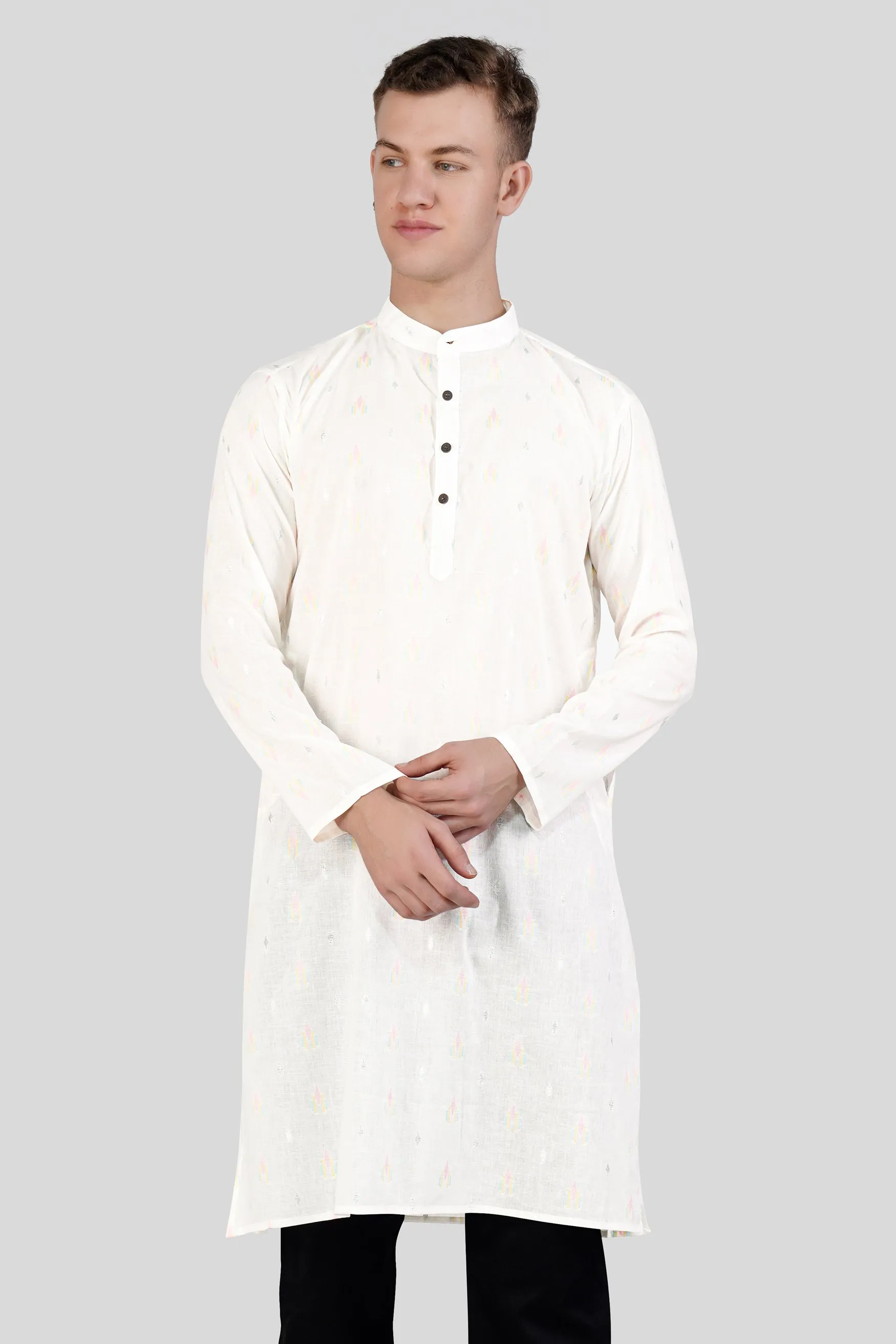 Off White colorful and silver Jacquard Textured Premium Giza Cotton Kurta sold by French Crown product image thumbnail 2
