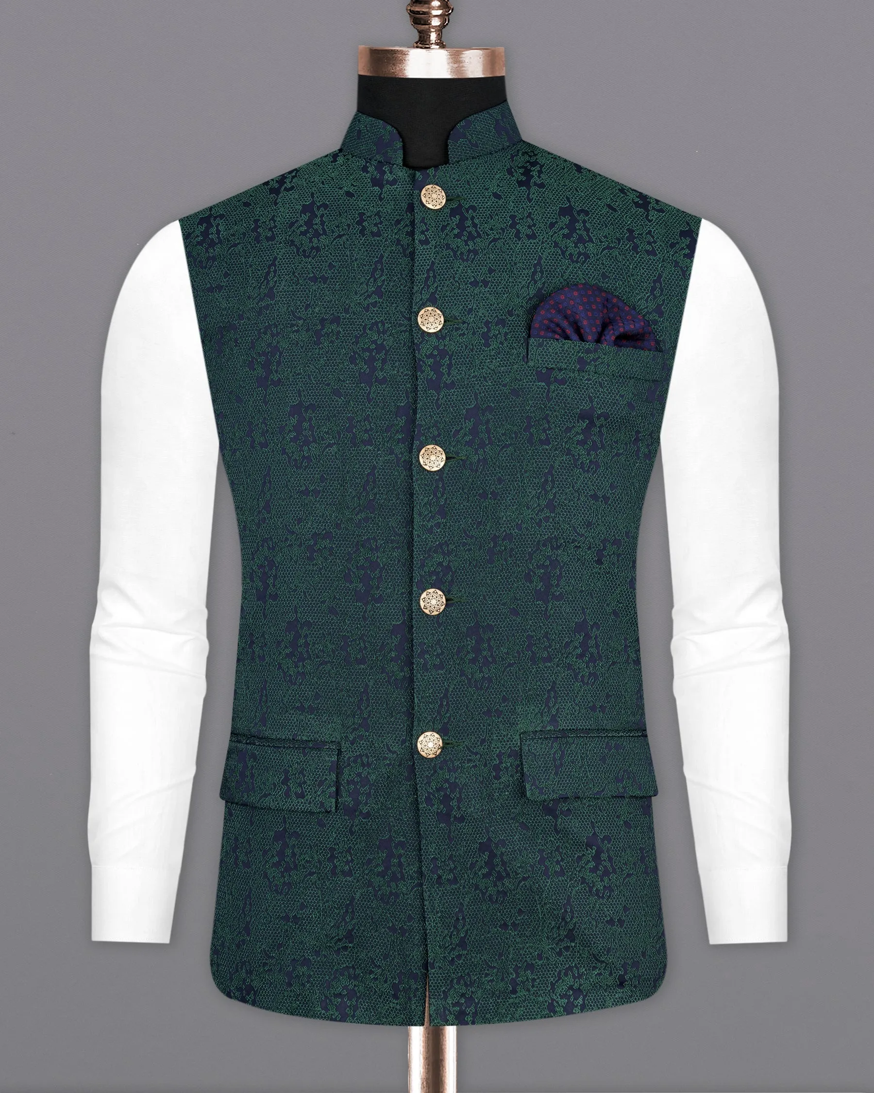 Timber Green Ditsy Textured Jacquard Designer Nehru Jacket sold by French Crown product image thumbnail 2