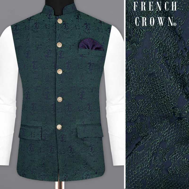Timber Green Ditsy Textured Jacquard Designer Nehru Jacket sold by French Crown