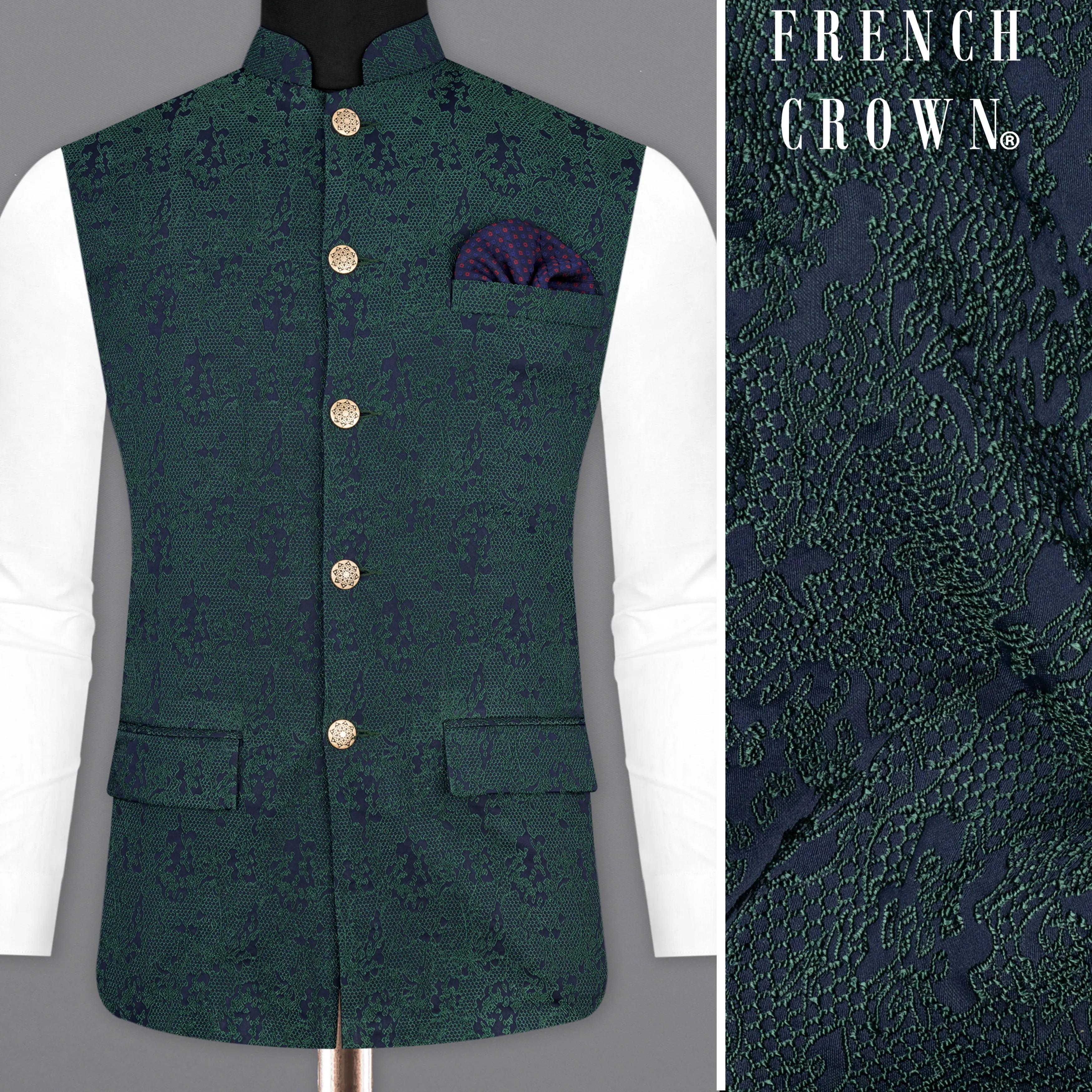 Timber Green Ditsy Textured Jacquard Designer Nehru Jacket sold by French Crown