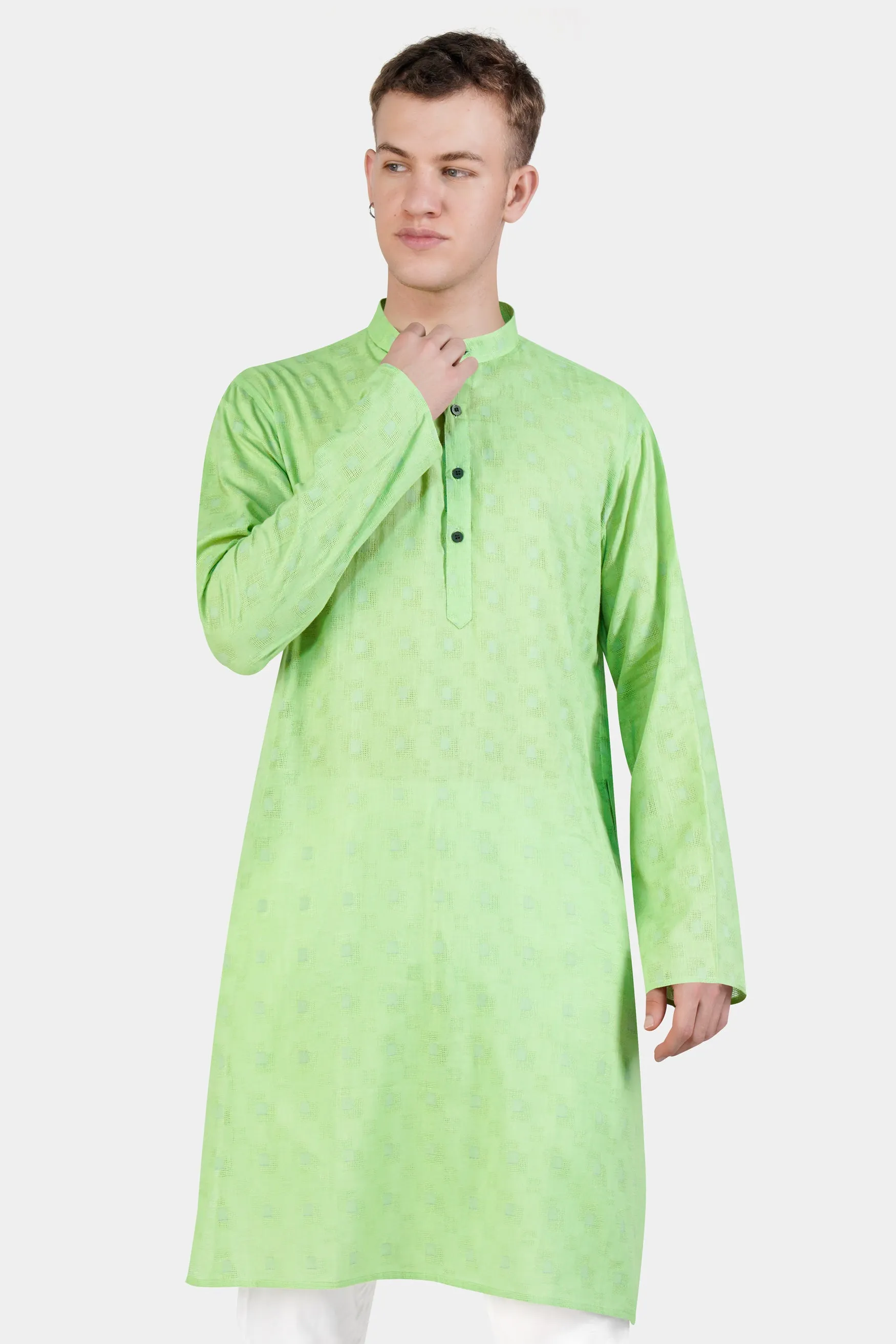 Pixie Green Geometric Dobby Textured Premium Giza Cotton Kurta sold by French Crown product image thumbnail 5
