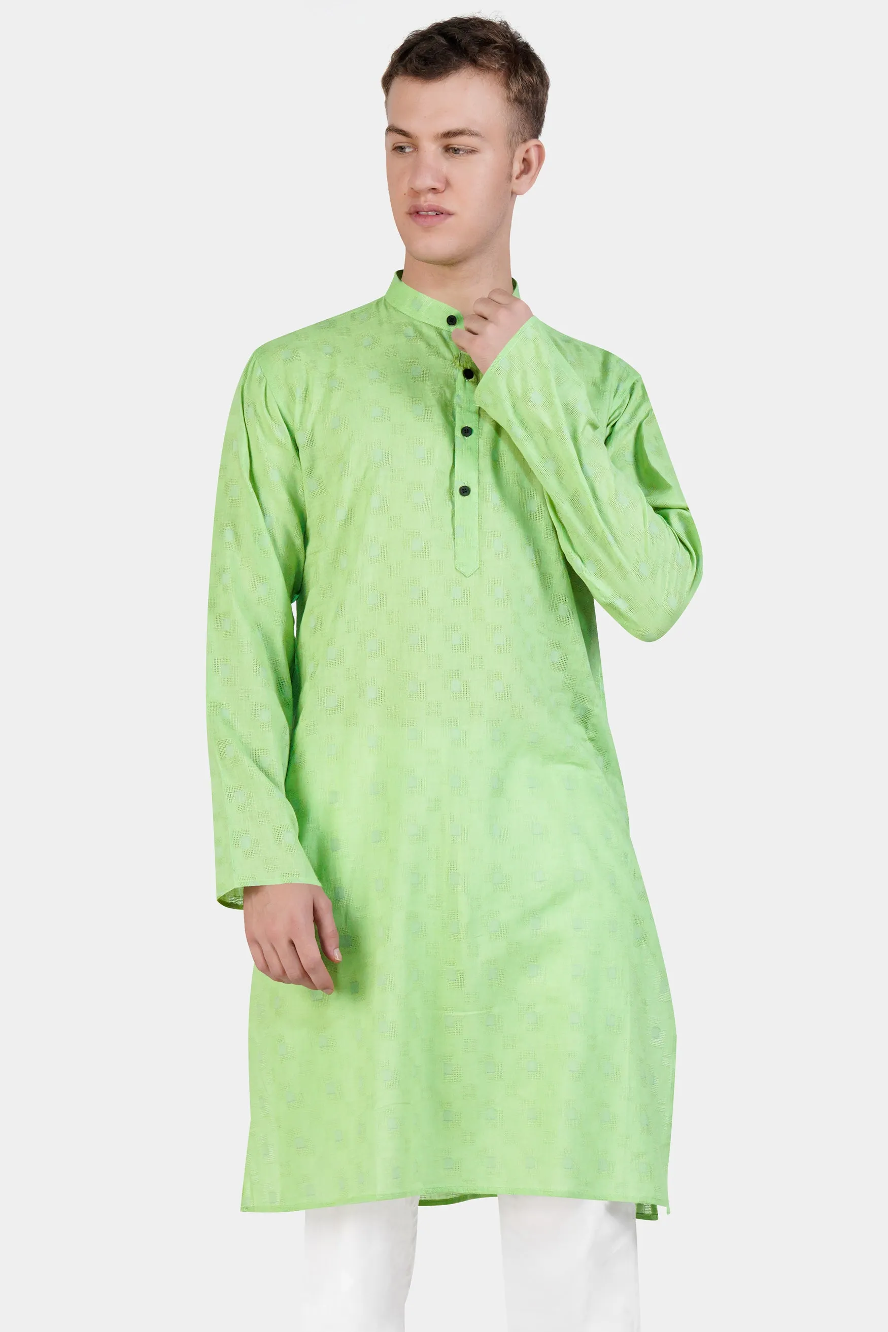 Pixie Green Geometric Dobby Textured Premium Giza Cotton Kurta sold by French Crown product image thumbnail 2