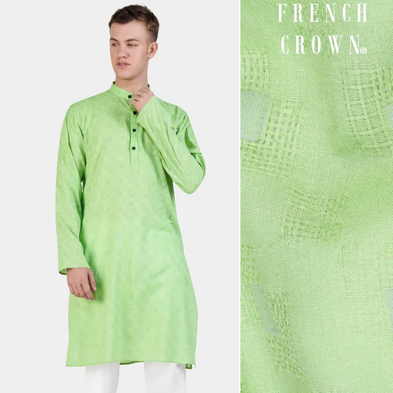 Pixie Green Geometric Dobby Textured Premium Giza Cotton Kurta sold by French Crown