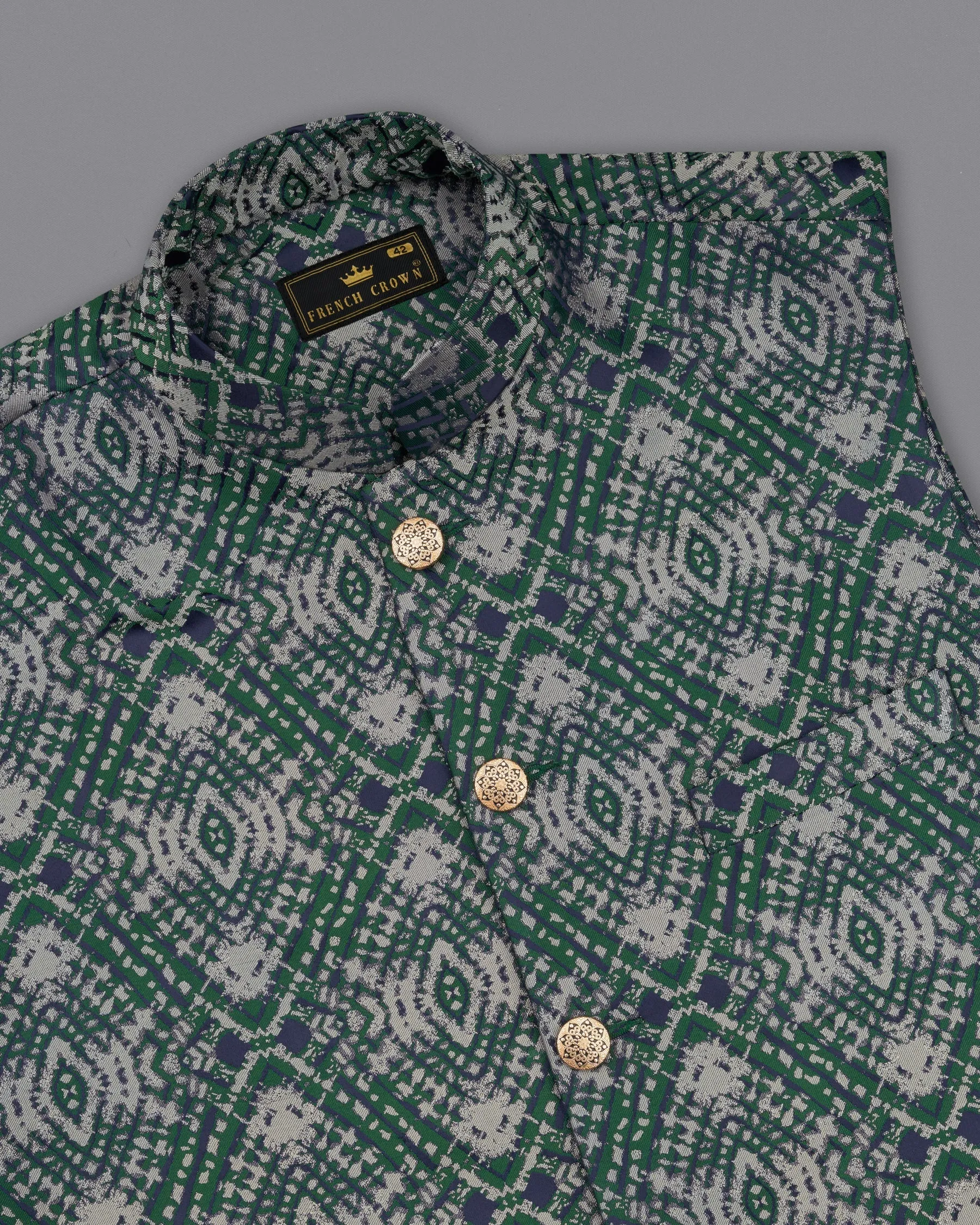 Myrtle Green with Chateau Gray Tie Dye Jacquard Designer Nehru Jacket sold by French Crown product image thumbnail 4