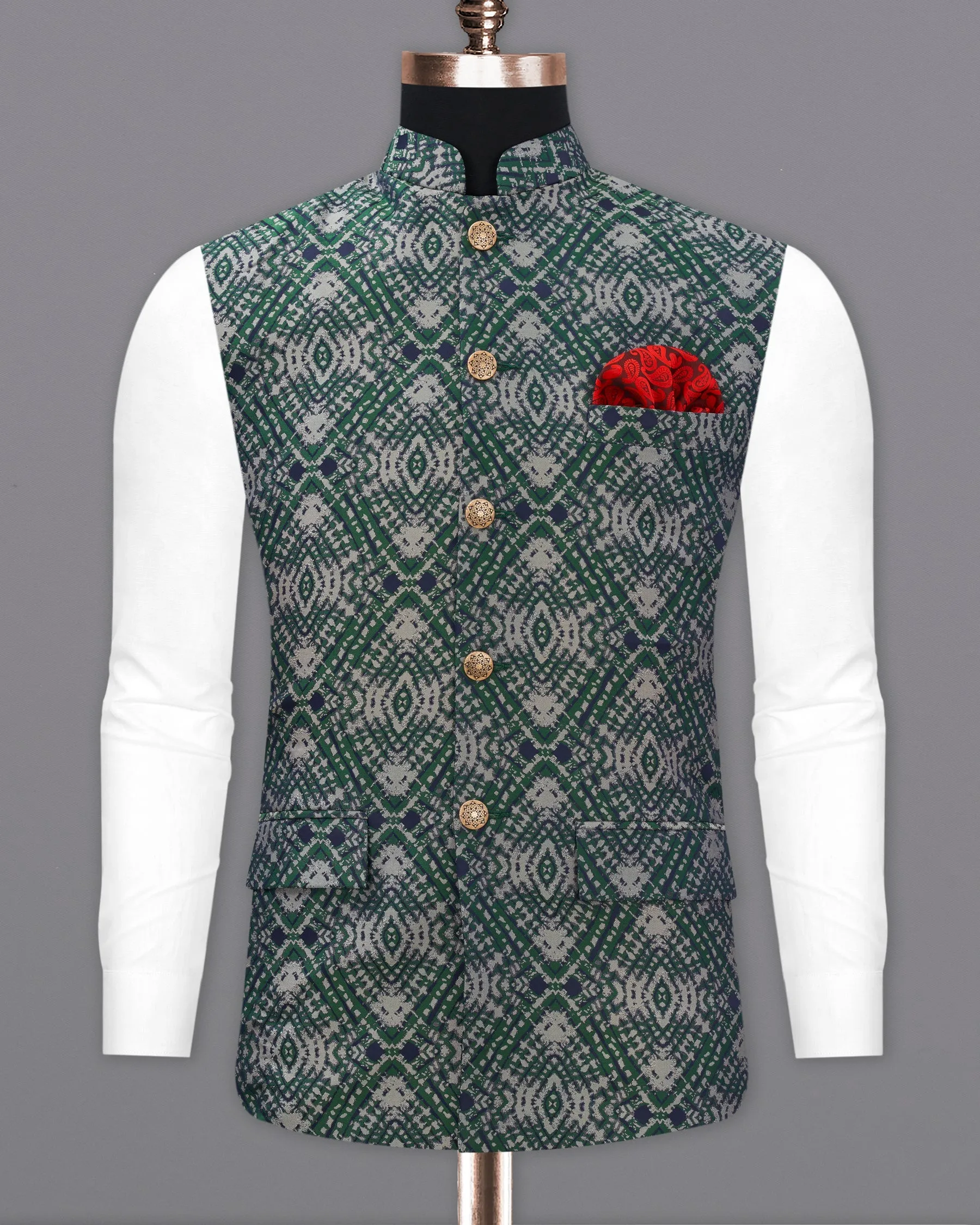 Myrtle Green with Chateau Gray Tie Dye Jacquard Designer Nehru Jacket sold by French Crown product image thumbnail 2