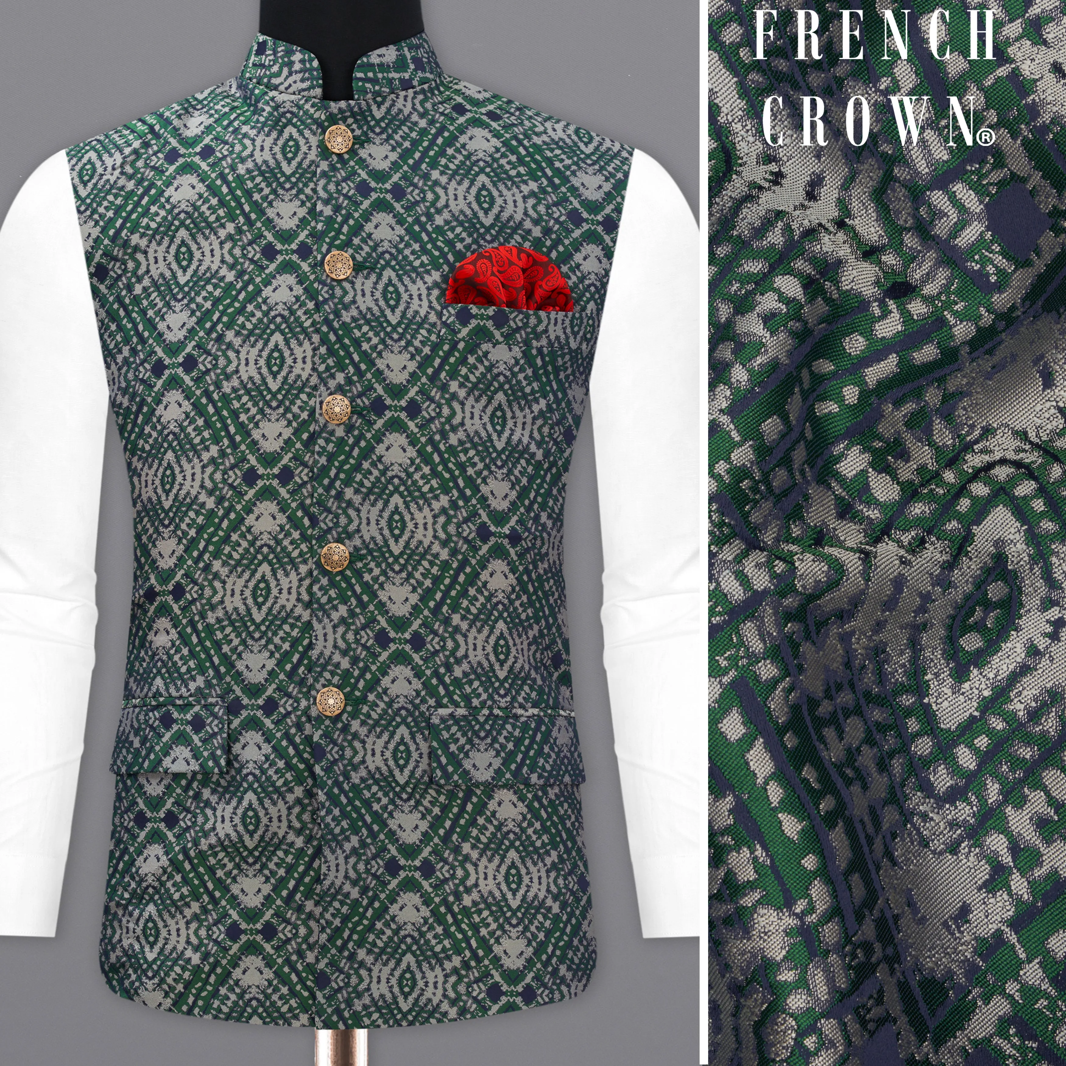 Myrtle Green with Chateau Gray Tie Dye Jacquard Designer Nehru Jacket sold by French Crown