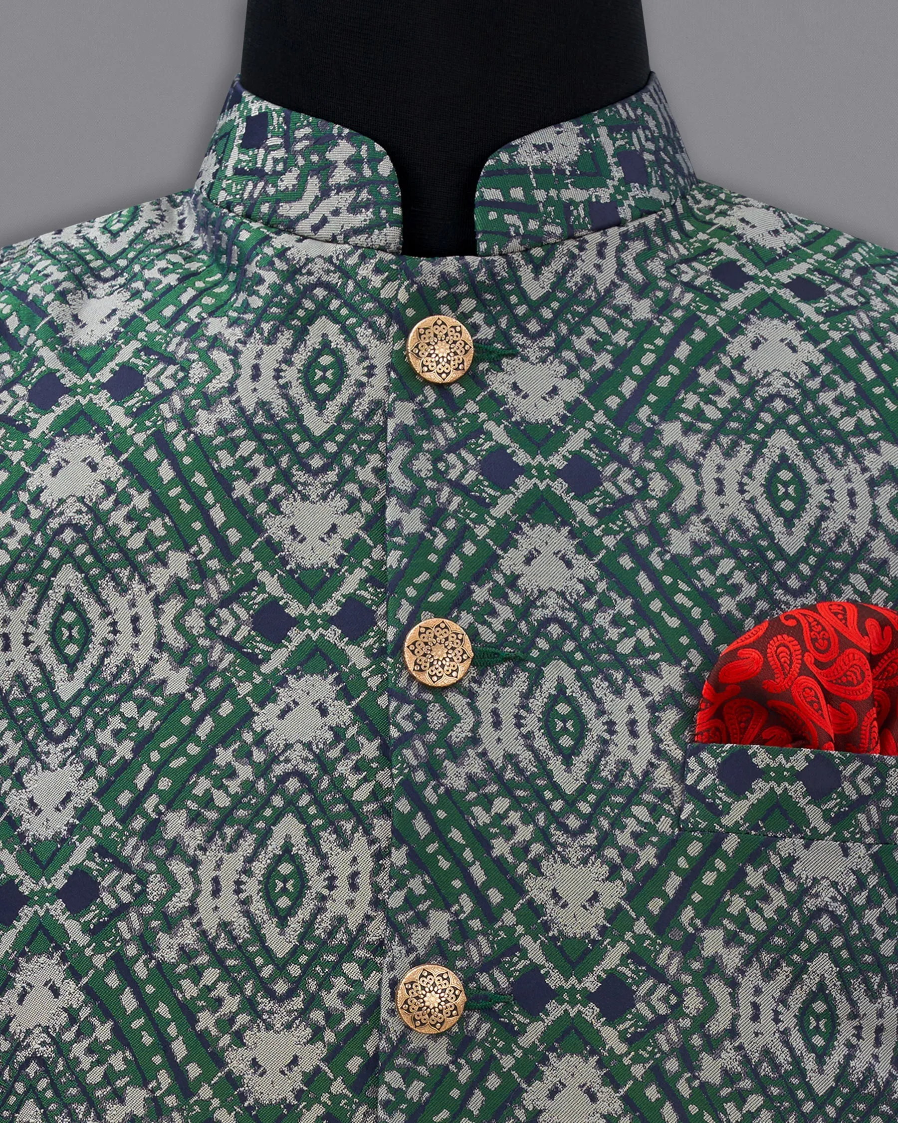 Myrtle Green with Chateau Gray Tie Dye Jacquard Designer Nehru Jacket sold by French Crown product image thumbnail 5