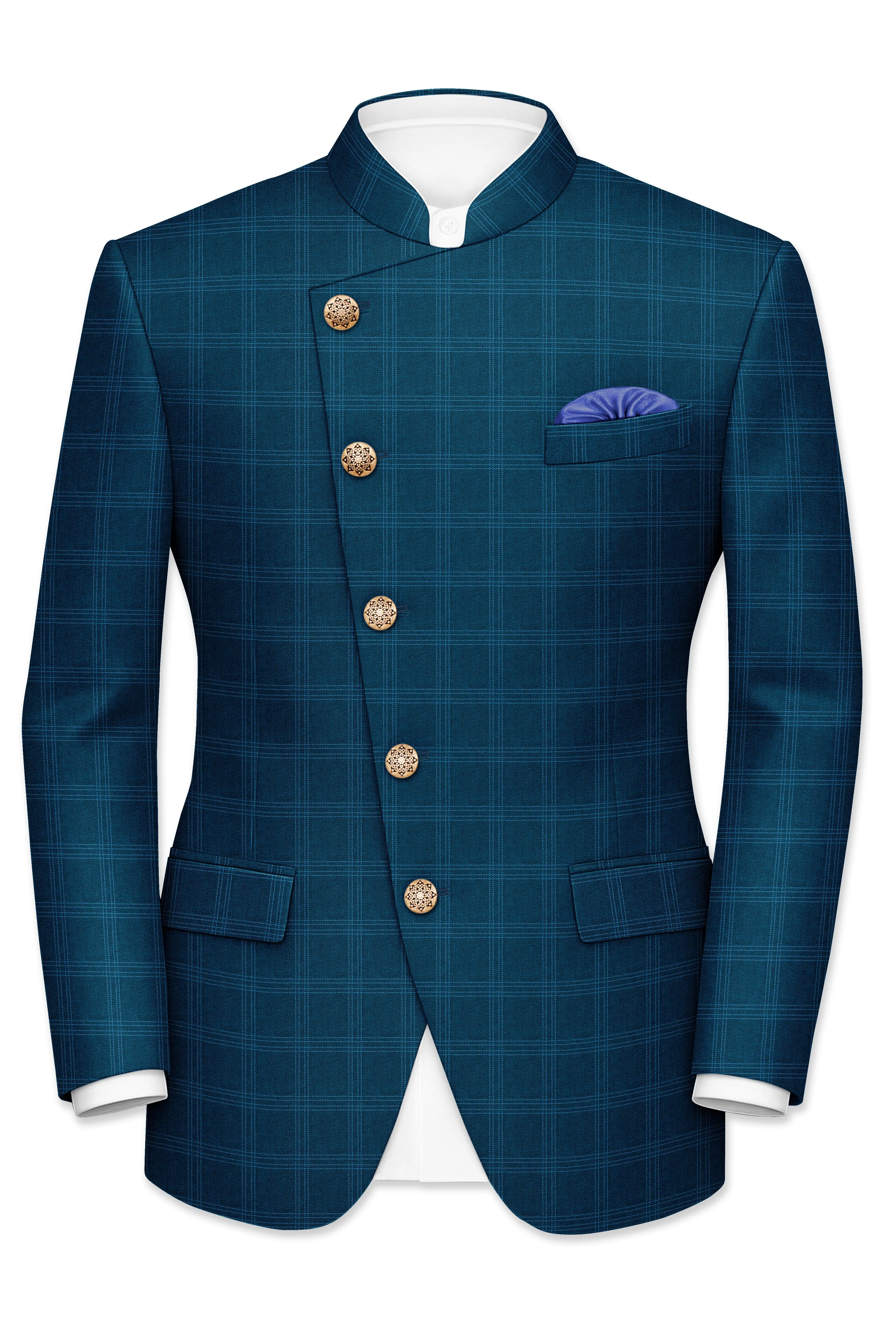 Cloud Burst Sea Green Windowpane Cross Placket Bandhgala Blazer sold by French Crown product image thumbnail 2
