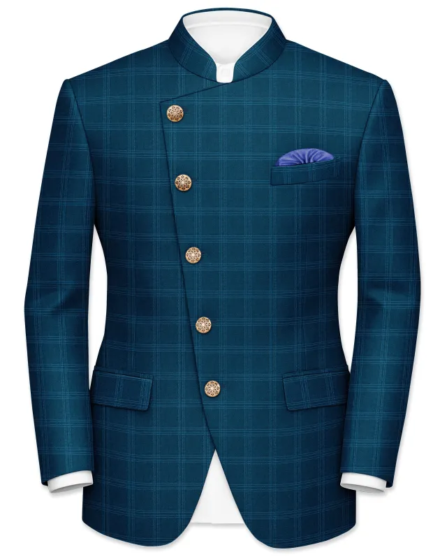 Cloud Burst Sea Green Windowpane Cross Placket Bandhgala Blazer sold by French Crown