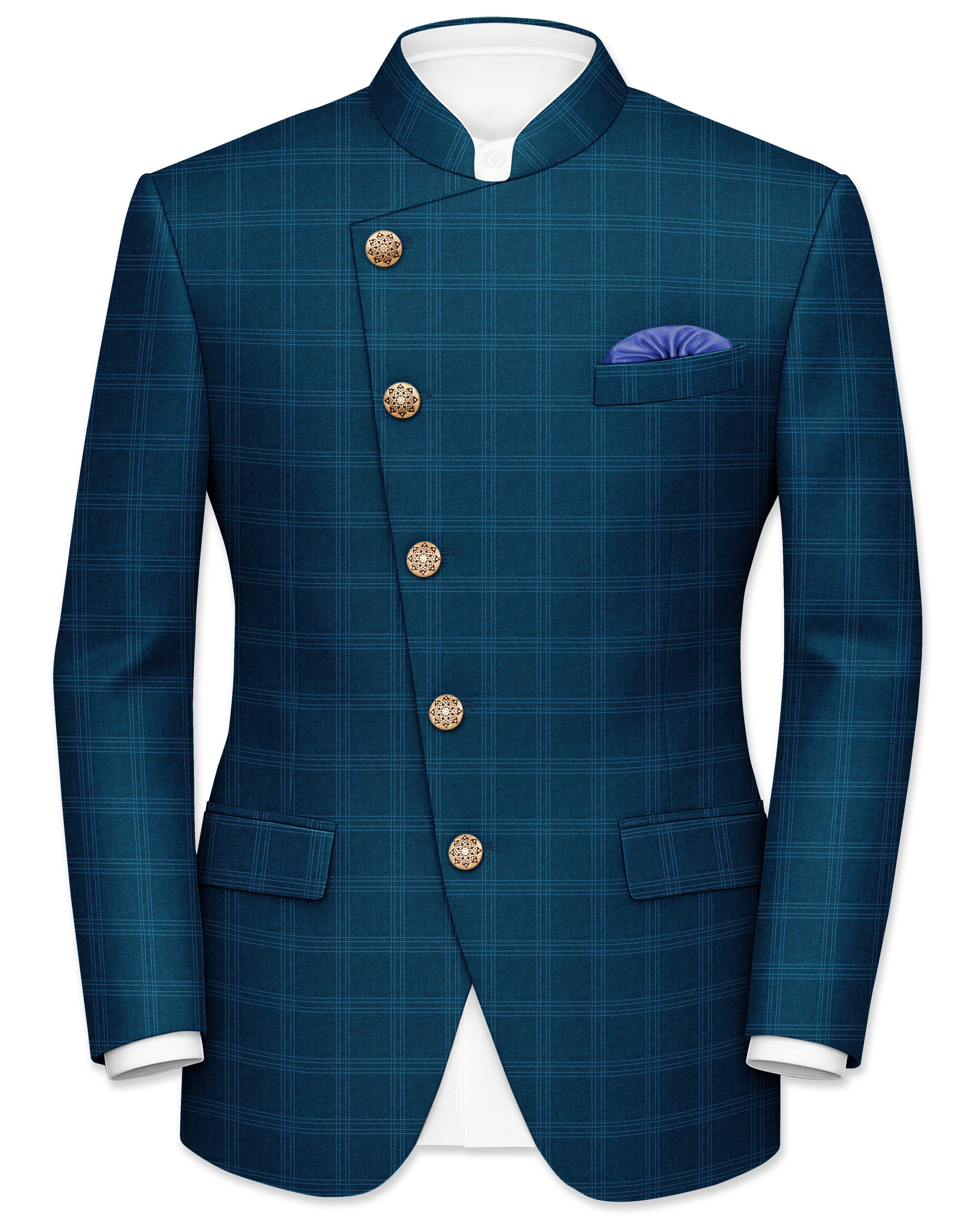 Cloud Burst Sea Green Windowpane Cross Placket Bandhgala Blazer sold by French Crown