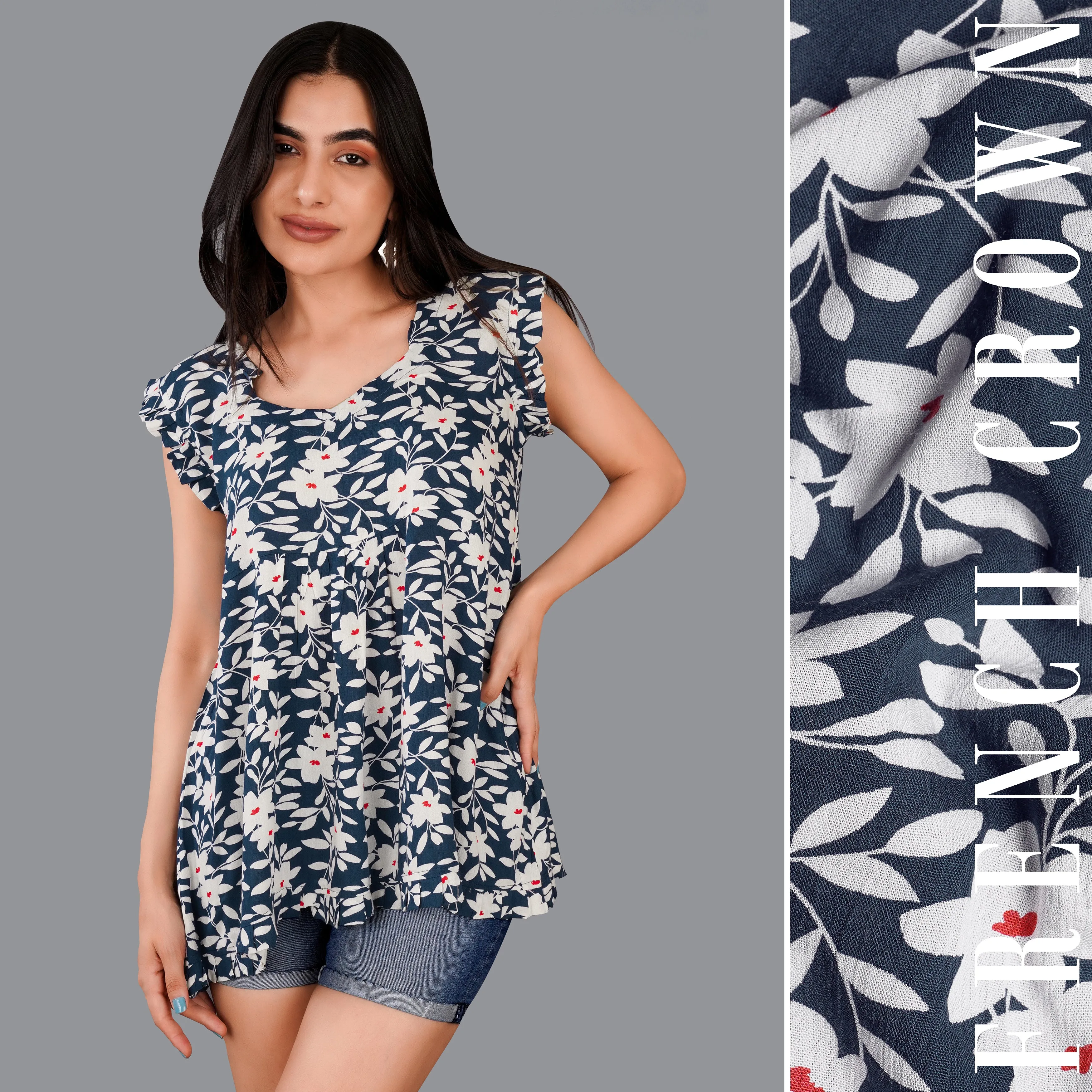 Rhino Blue with Merino Cream Floral Printed Top sold by French Crown